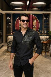 Carlos Black Cotton Flower Petals Solid Shirt