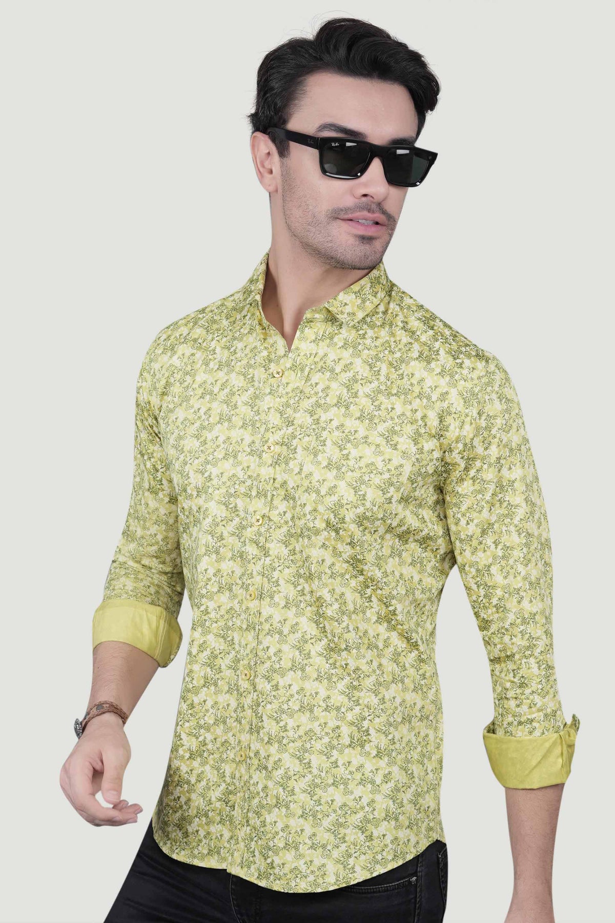 Oskar Yellow Cotton Floral Printed Shirt