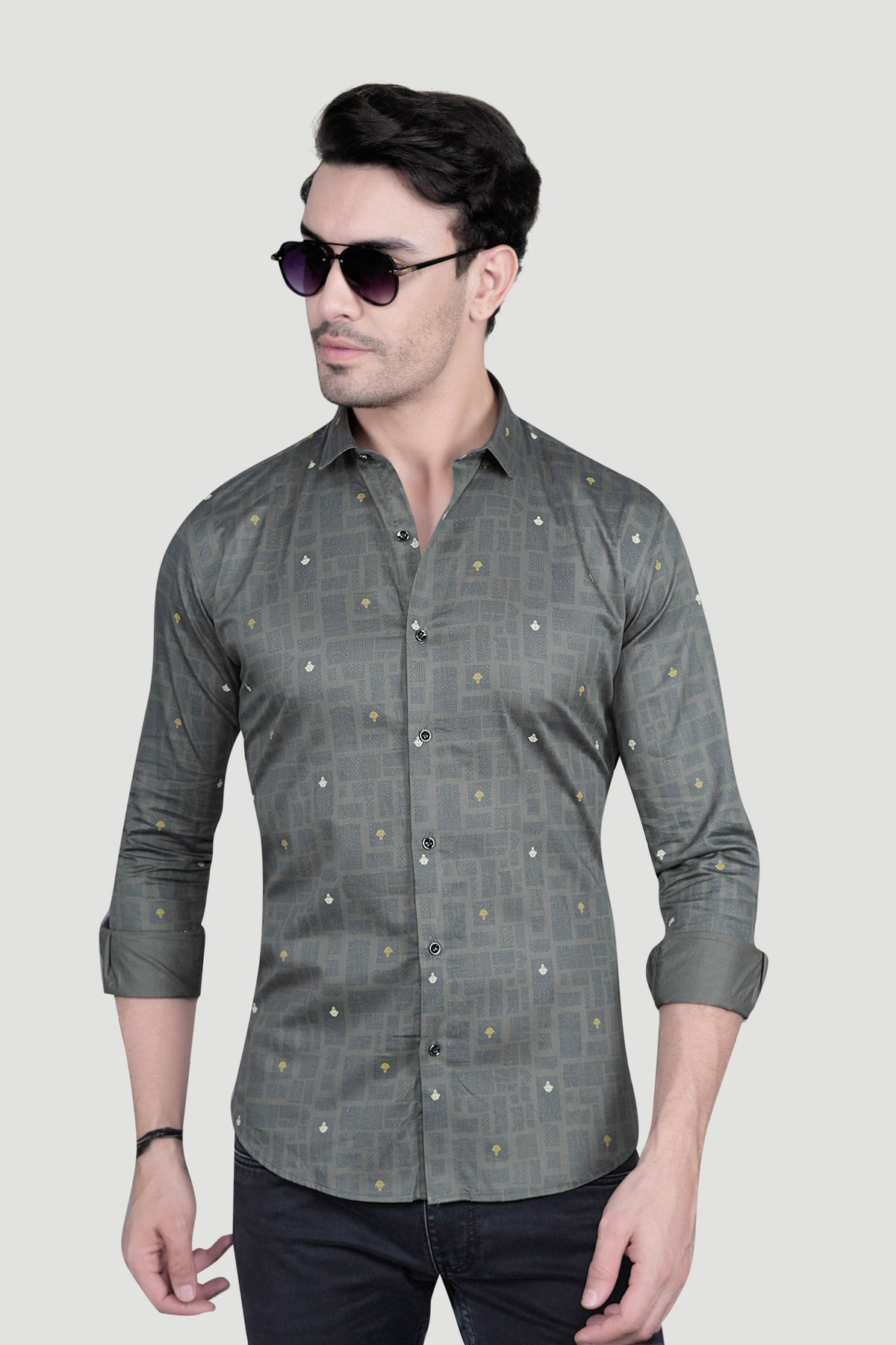 Leon Grey Cotton Printed Shirt