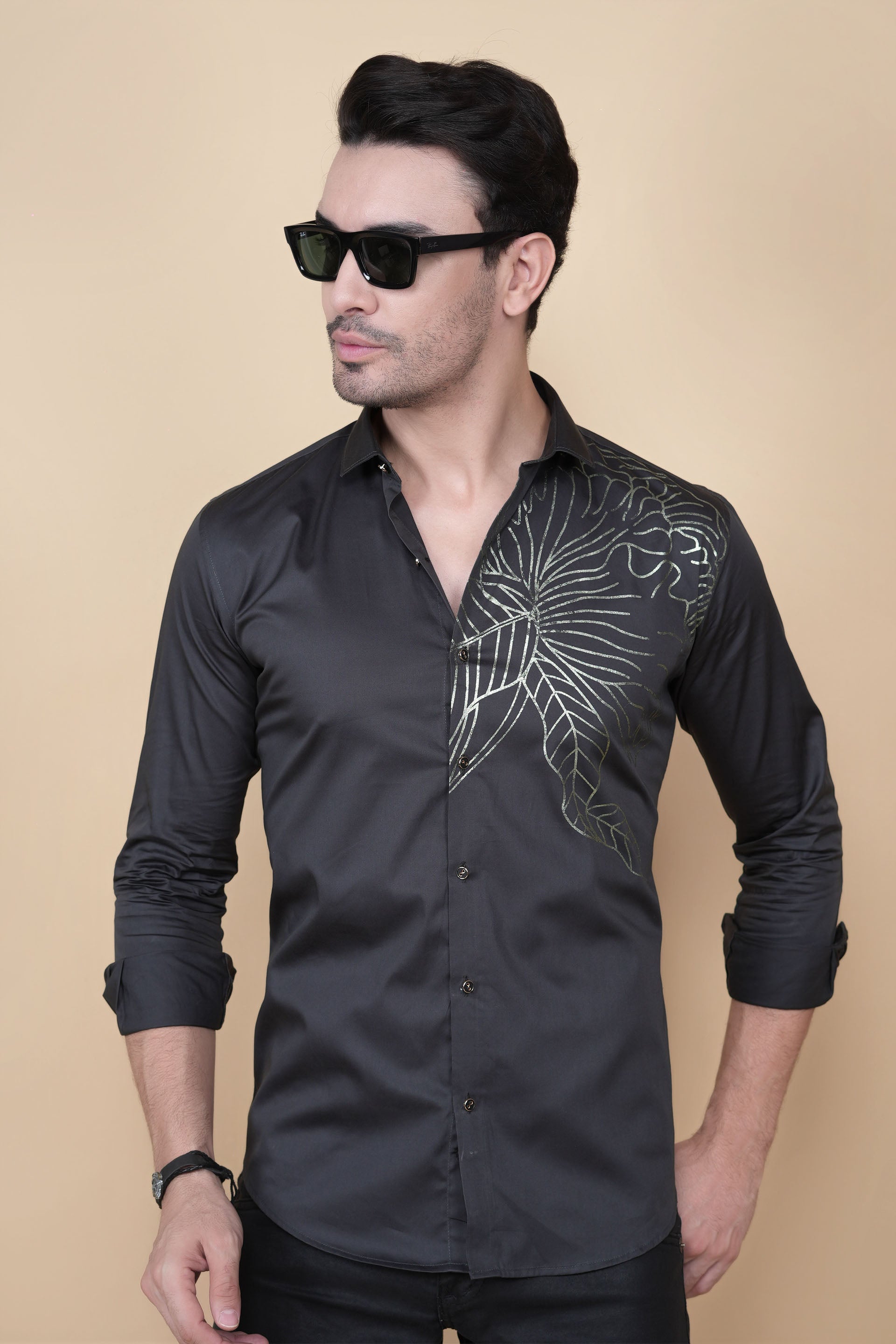 Carlos Black Cotton Flower Petals Solid Shirt