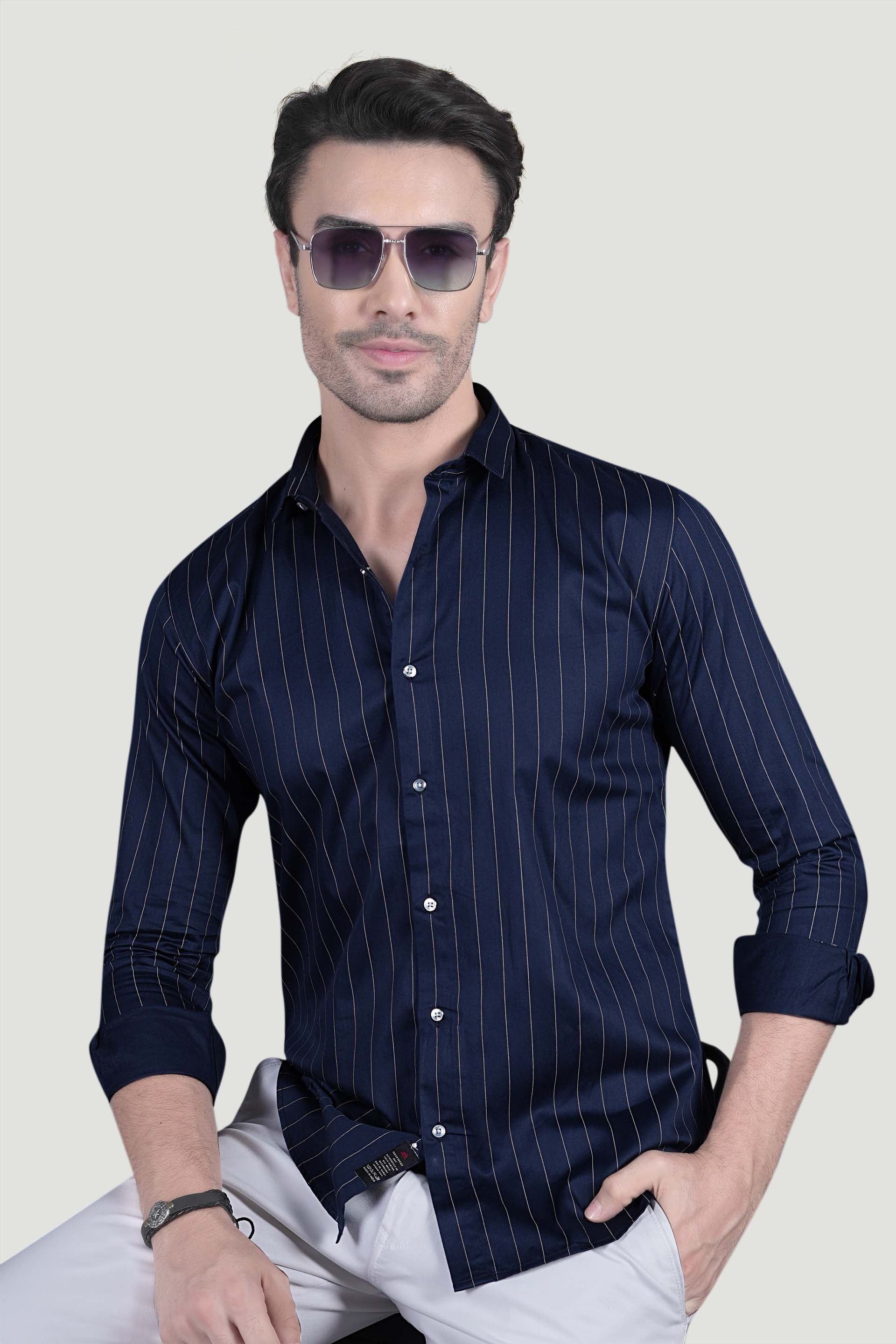 Alvar Navy Blue Cotton Striped Shirt