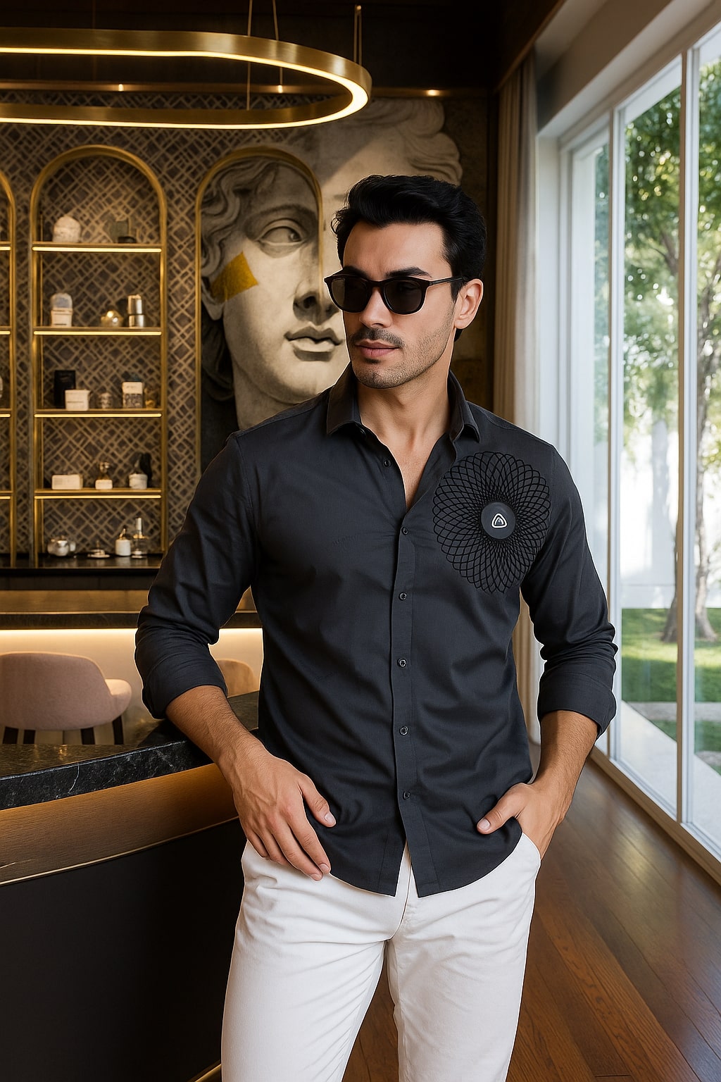 Marcello Grey Cotton Solid Embroidery Shirt