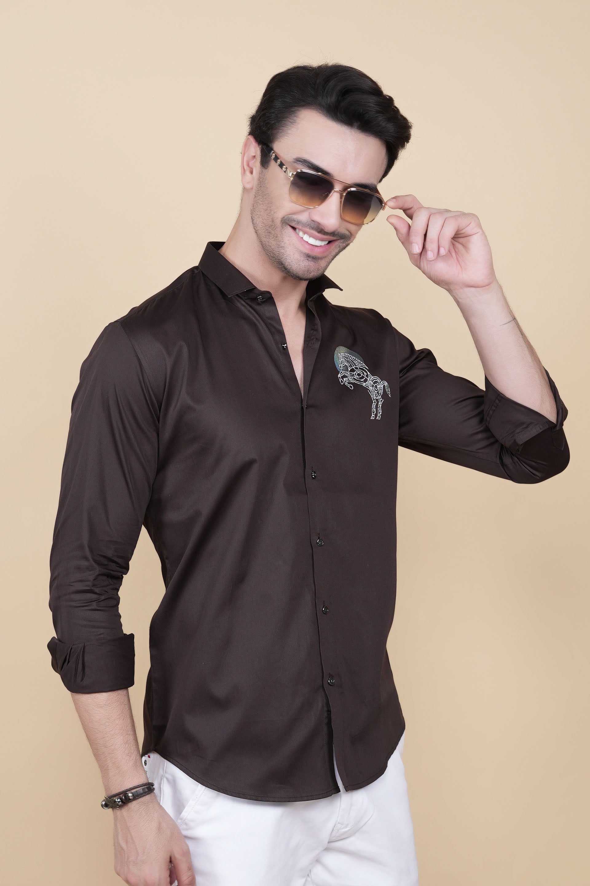 Sami Brown Cotton Horse Print Solid Shirt