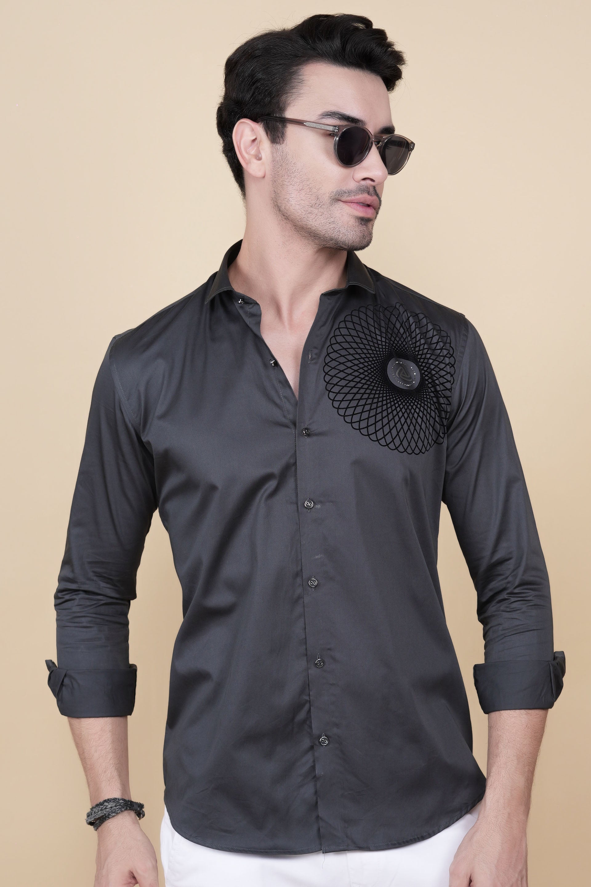 Marcello Grey Cotton Solid Embroidery Shirt