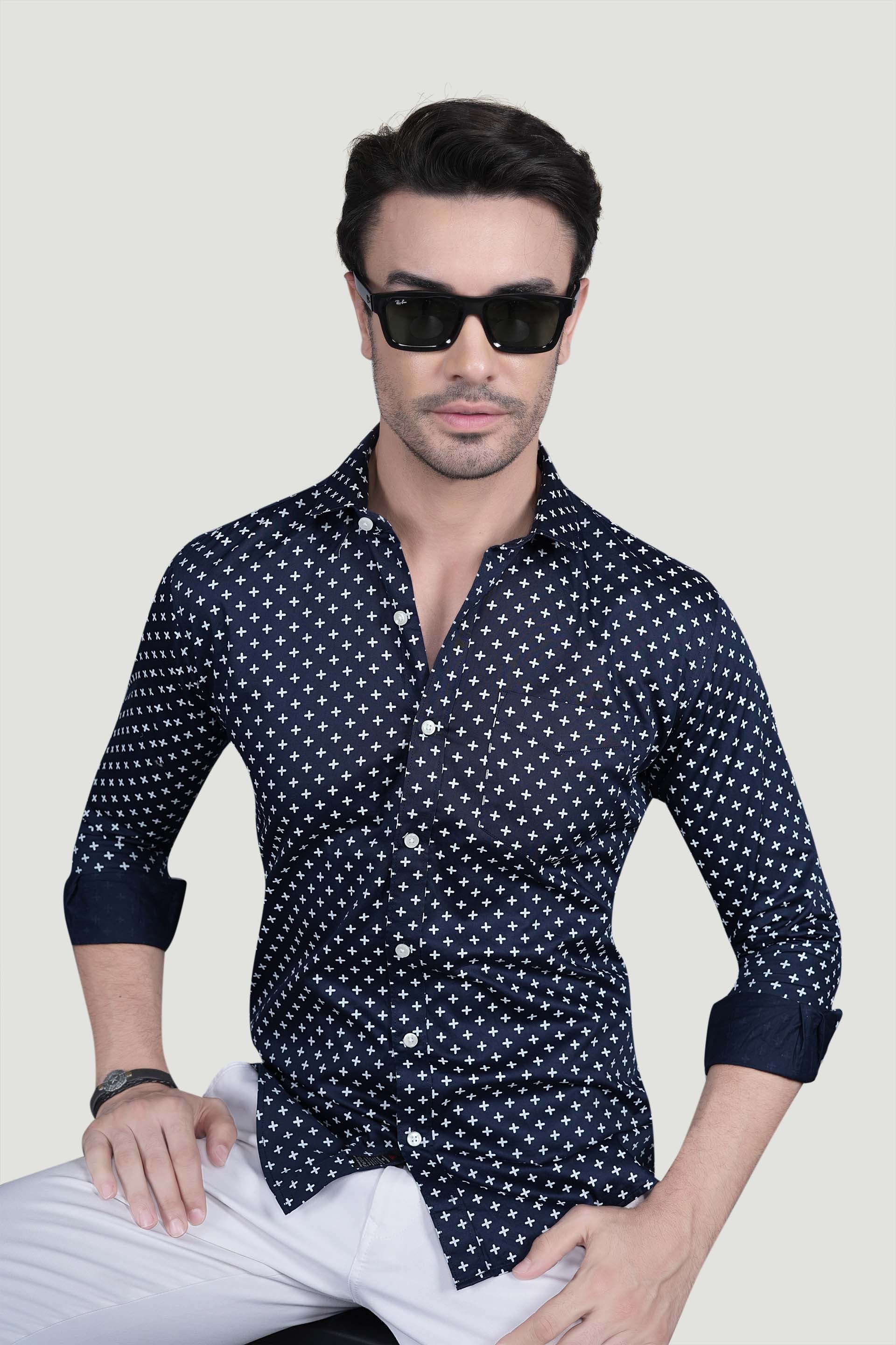 Platon Navy Blue Cotton Printed Shirt