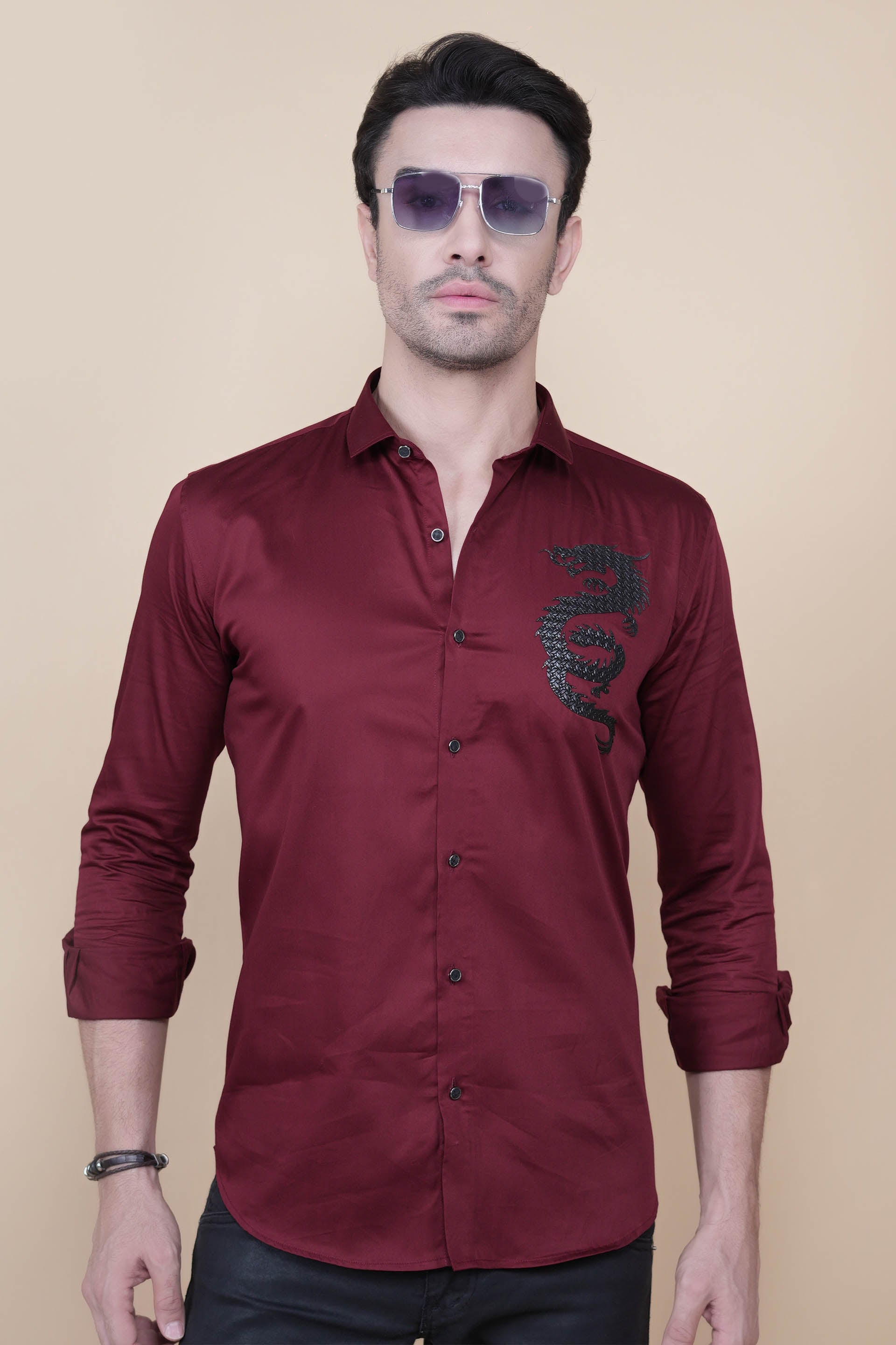Dragon Maroon Cotton Solid Shirt