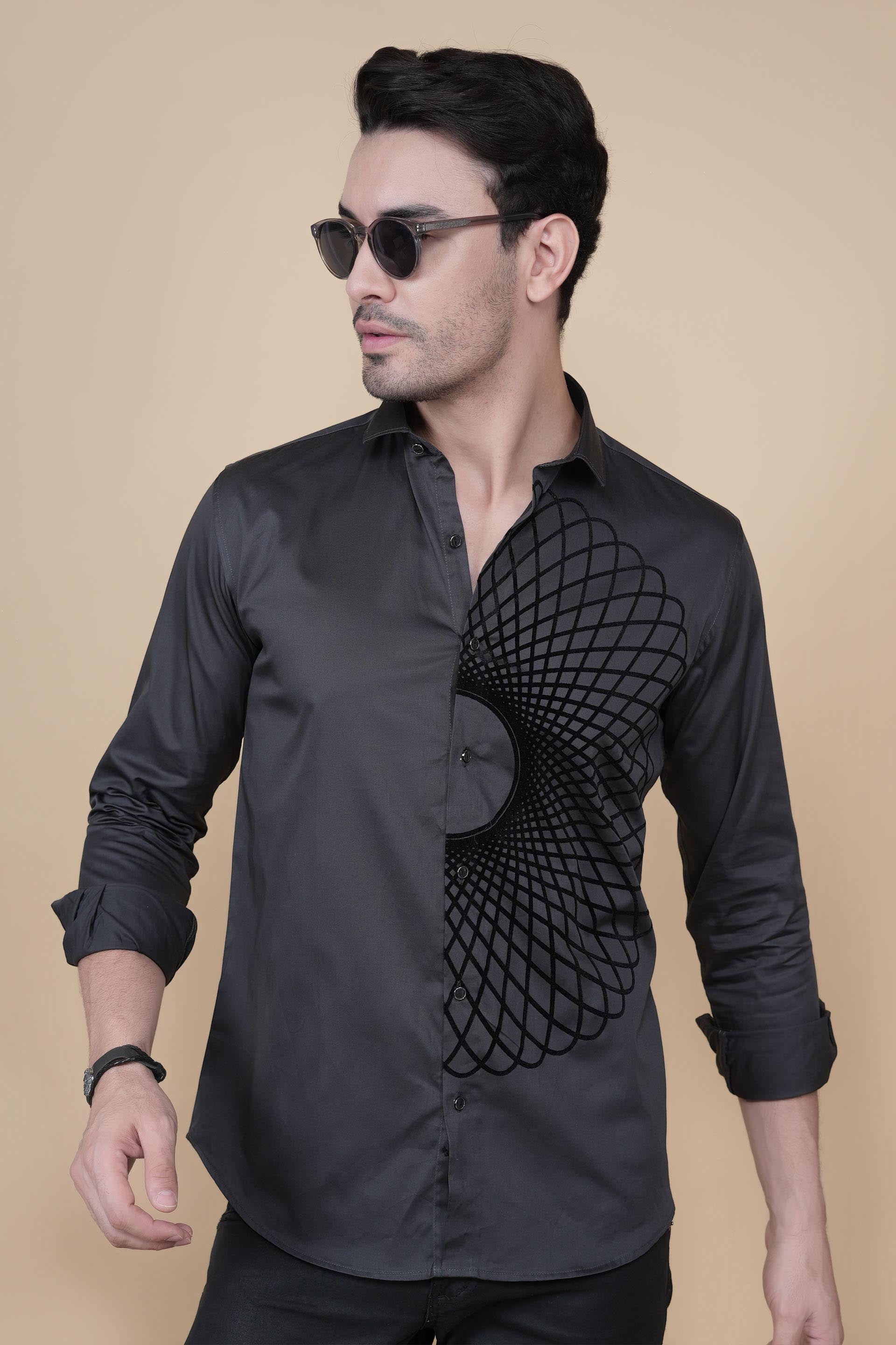 Matej Grey Cotton Solid Embroidery Shirt