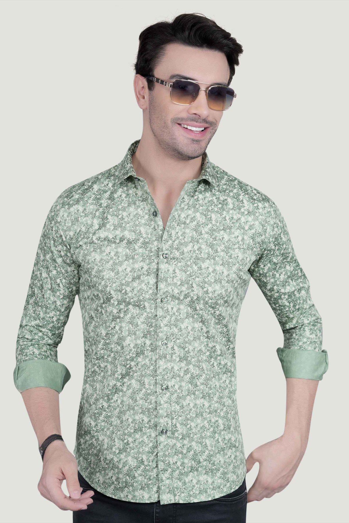 Nature Green Cotton Floral Printed Shirt