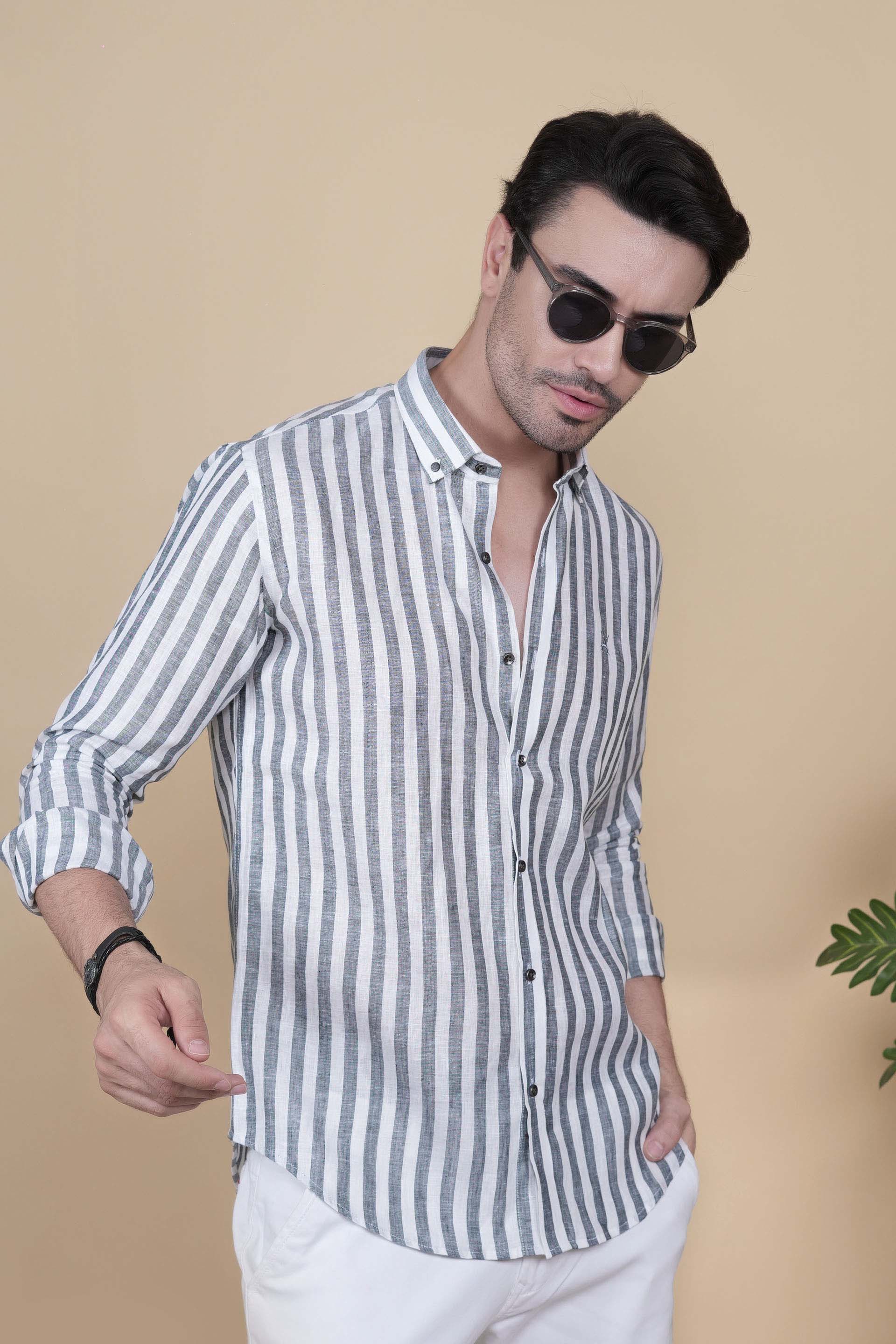 Danylo Grey Linen Striped Shirt
