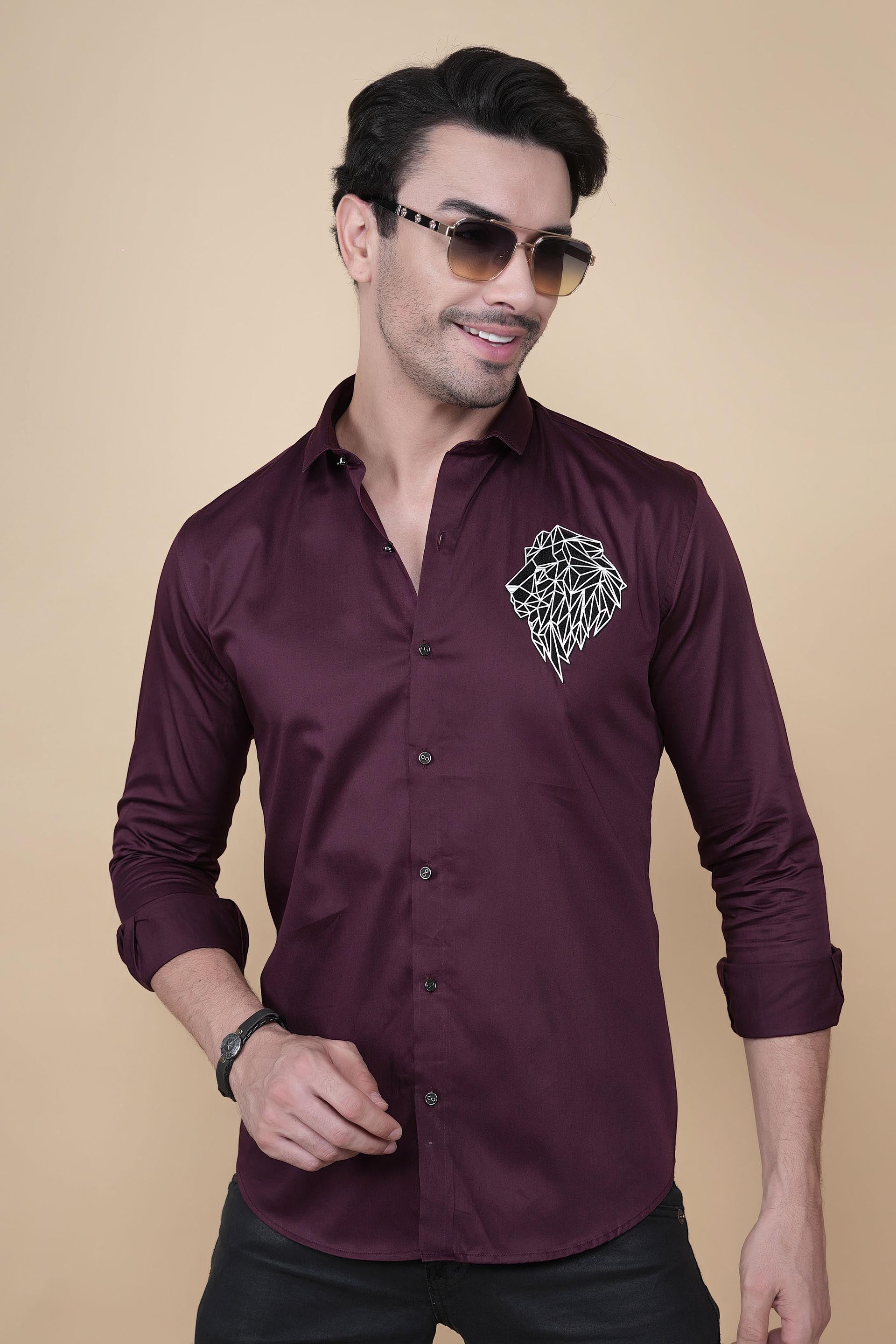 Lion Maroon Cottton Solid Shirt