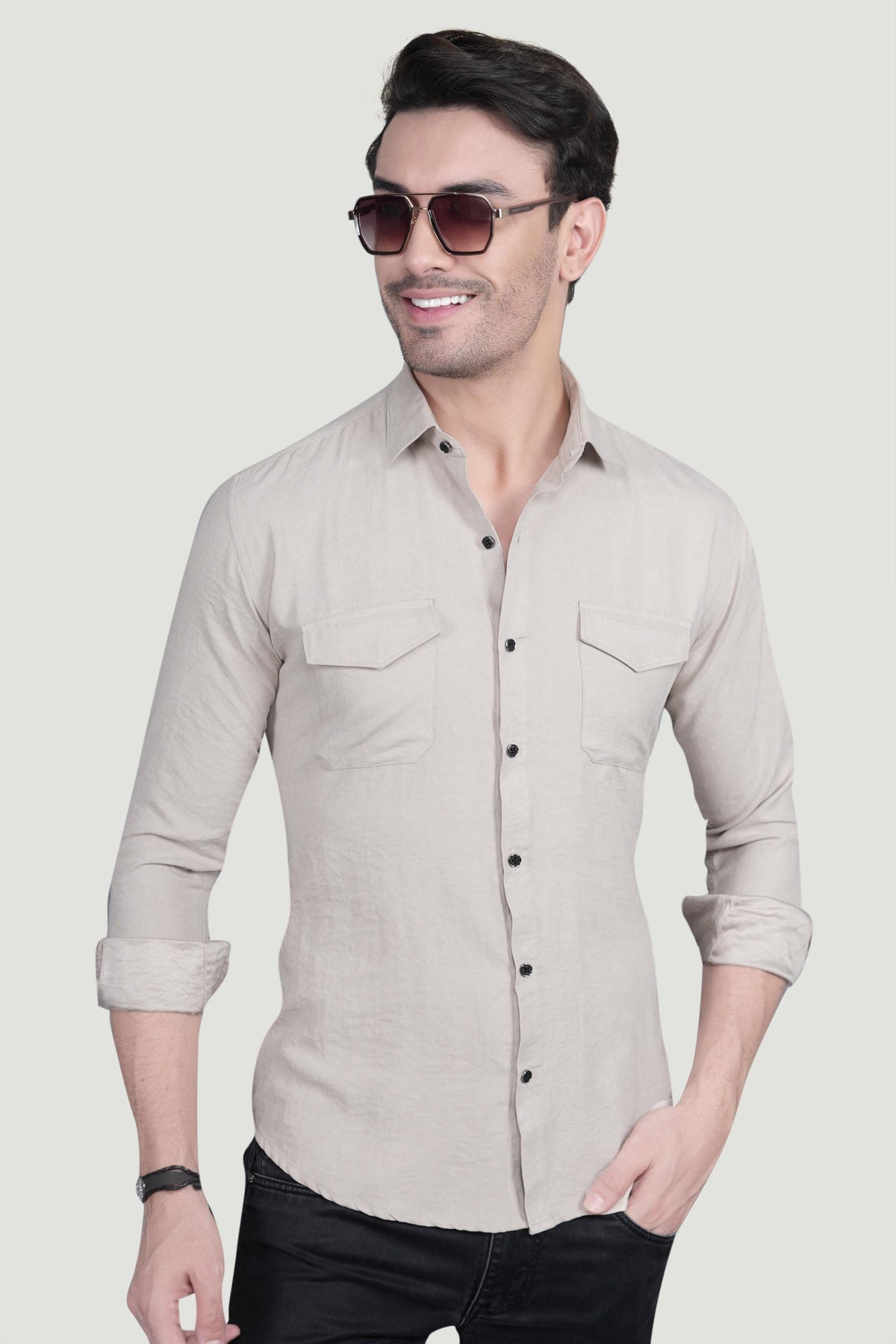 Abel Cream Suede Double Pocket Solid Shirt