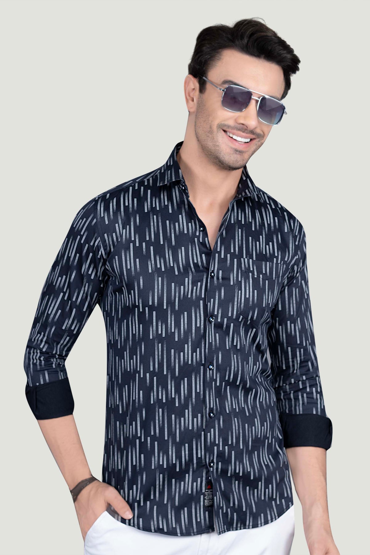 Gibson Navy Blue Cotton Printed Shirt
