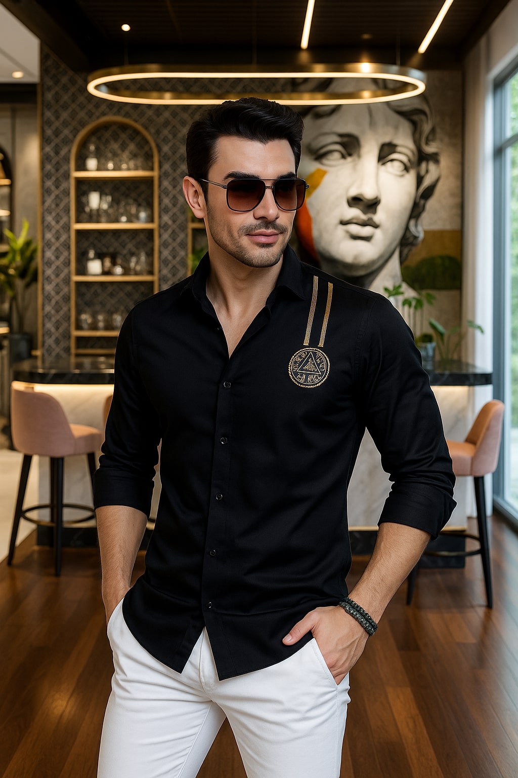 Alvar Black Cotton Metallic Gold Solid Shirt