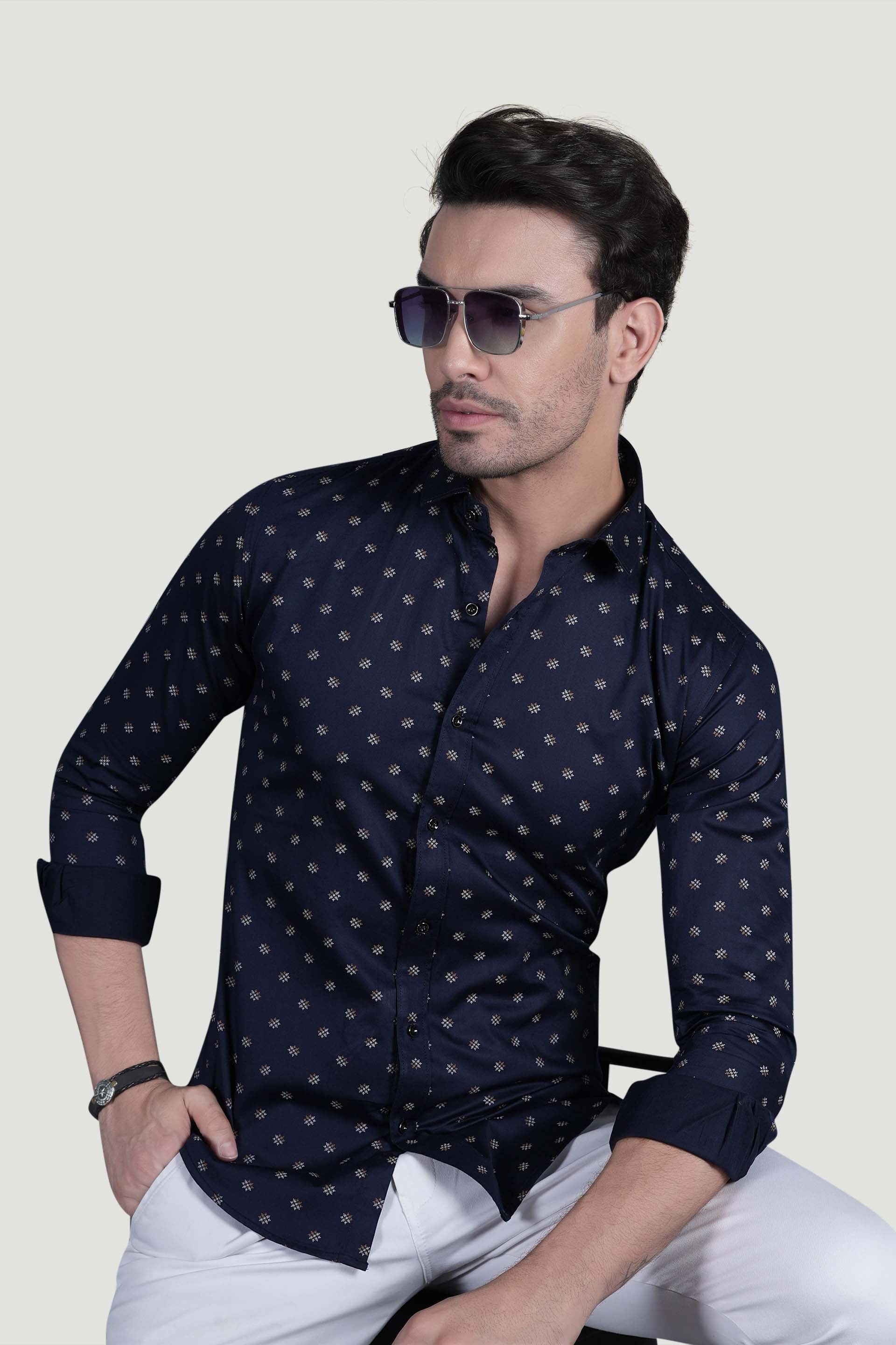 Fabio Navy Blue Cotton Printed Shirt