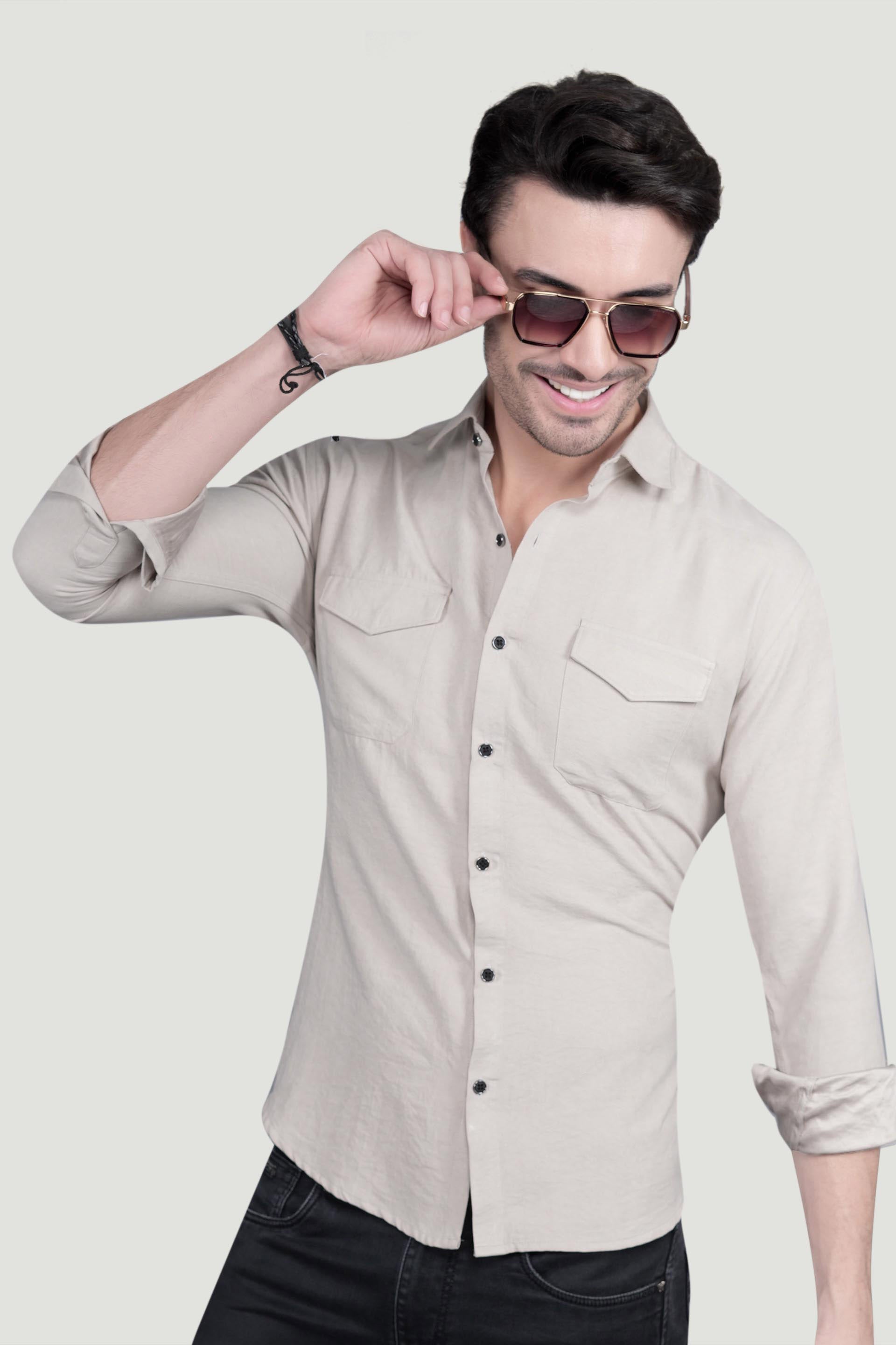Abel Cream Suede Double Pocket Solid Shirt