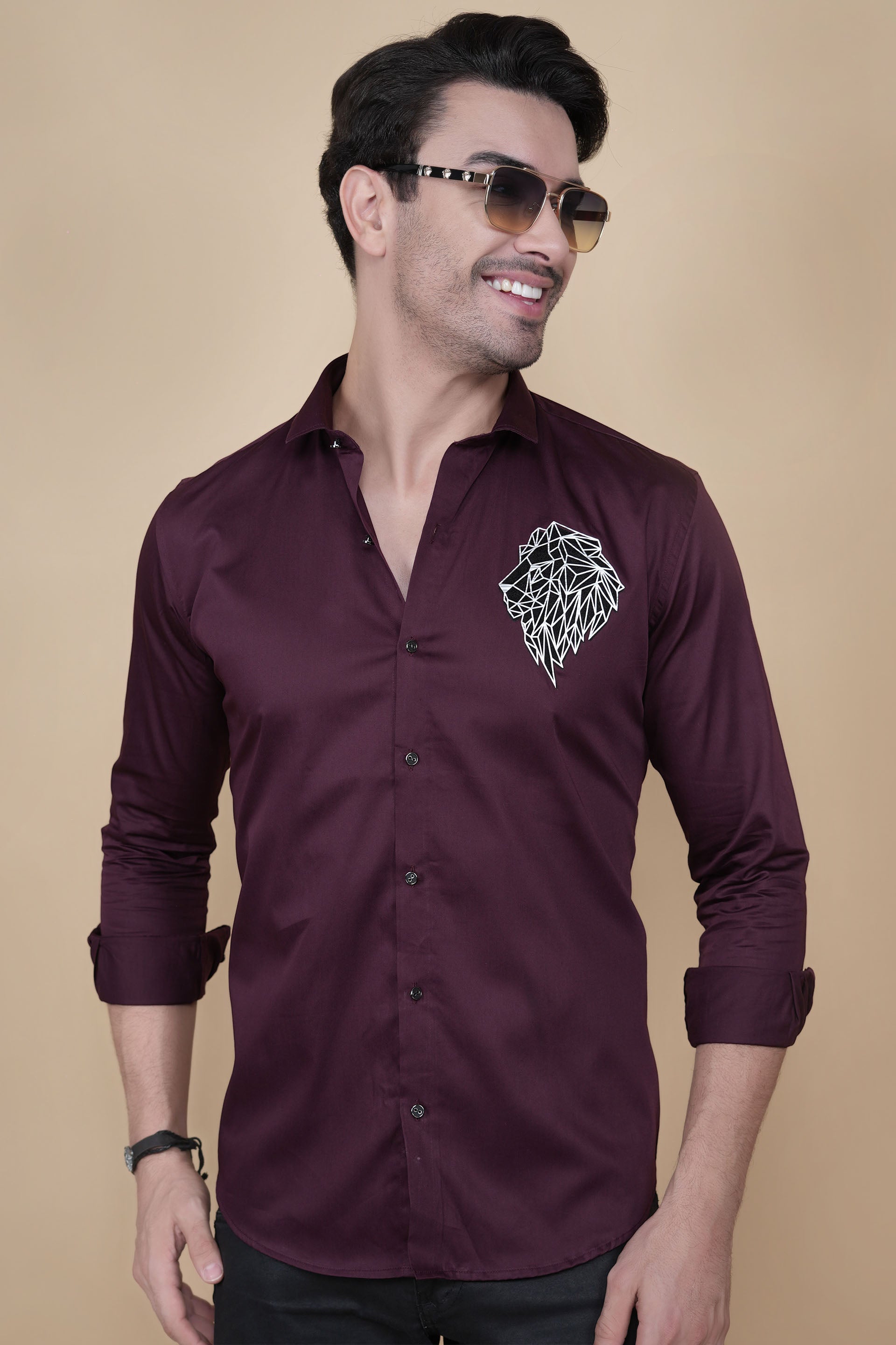 Lion Maroon Cottton Solid Shirt