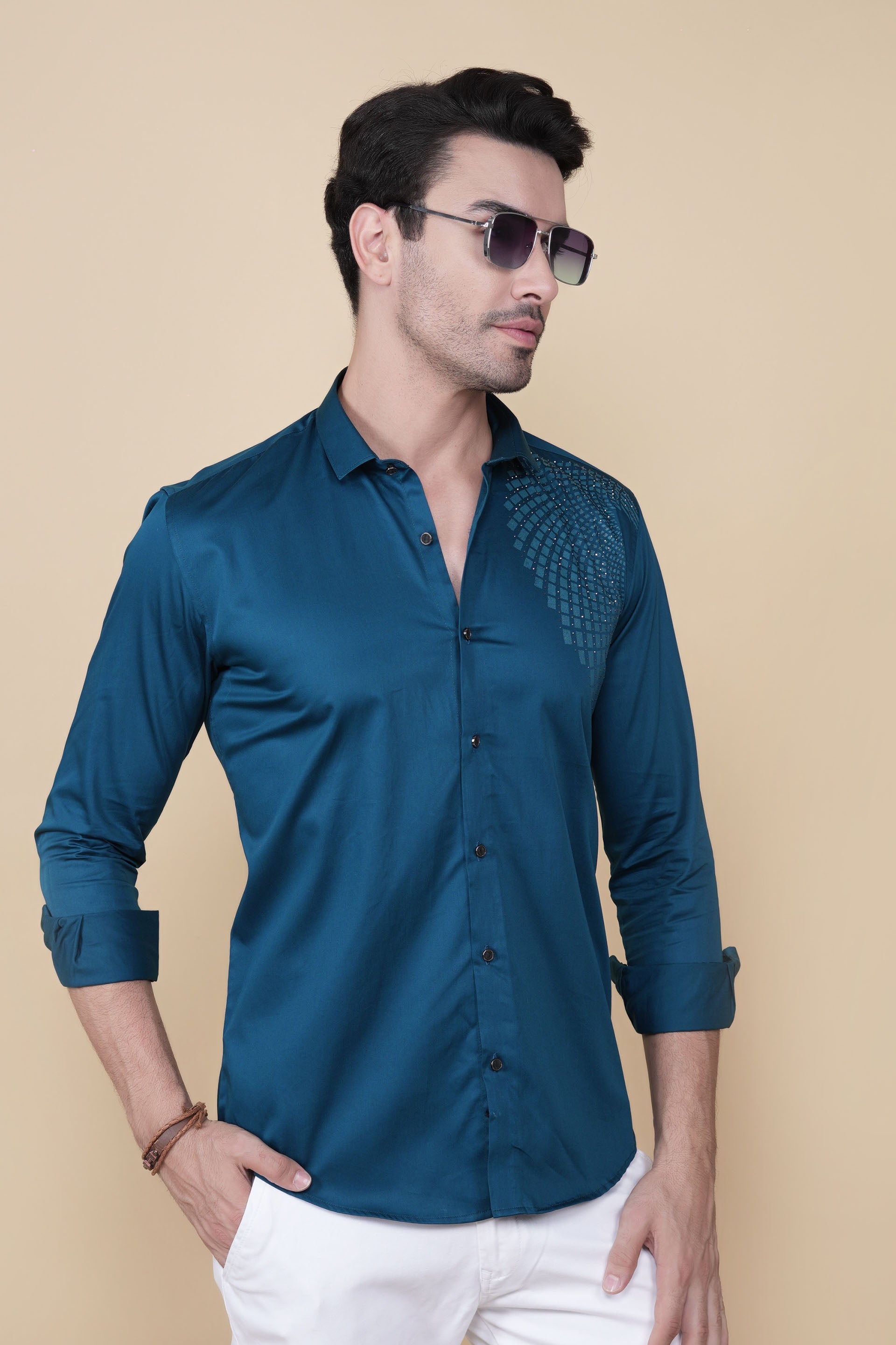 Ciaran Teal Blue Cotton Solid Shirt