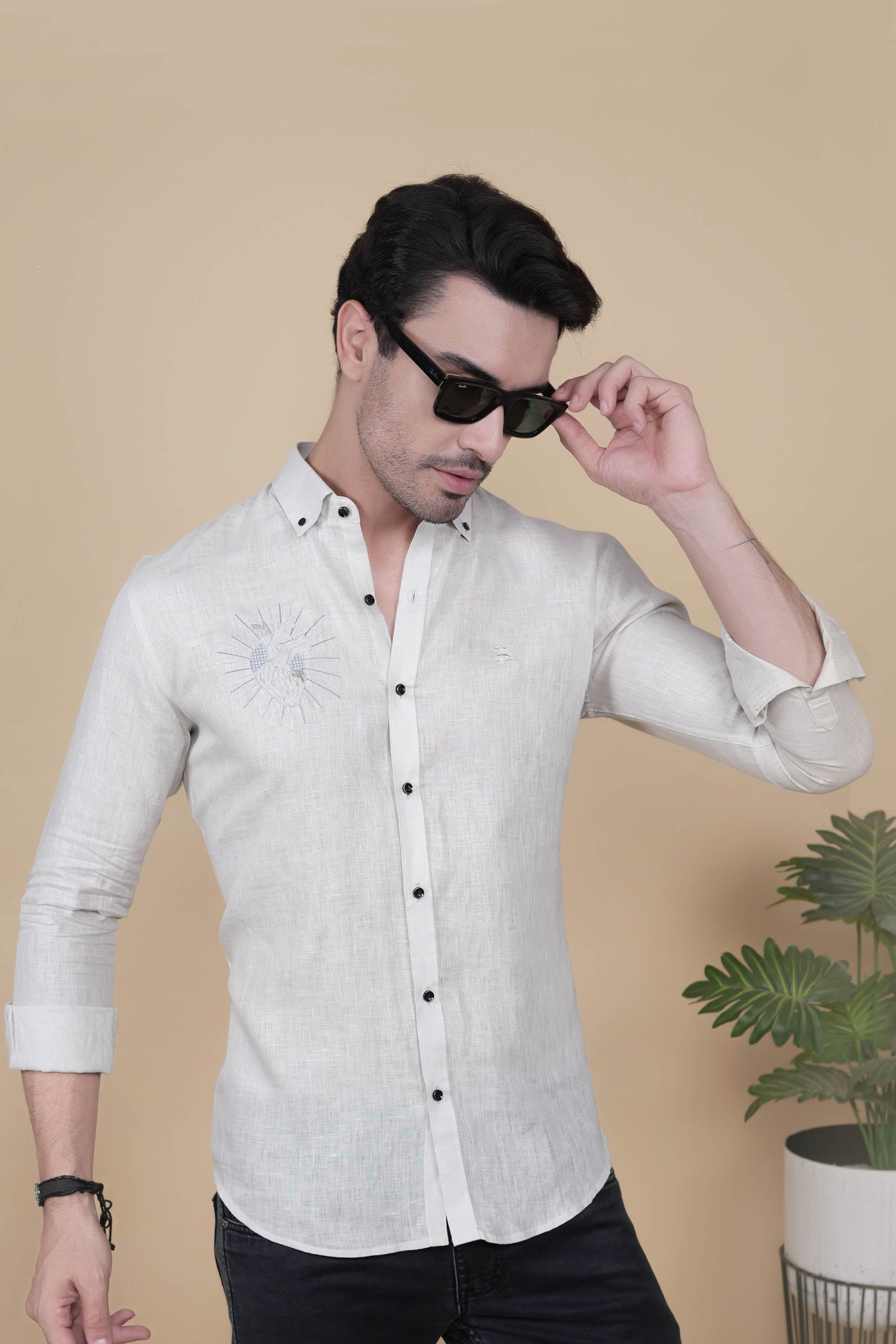 Glossy Off White Linen Solid Shirt