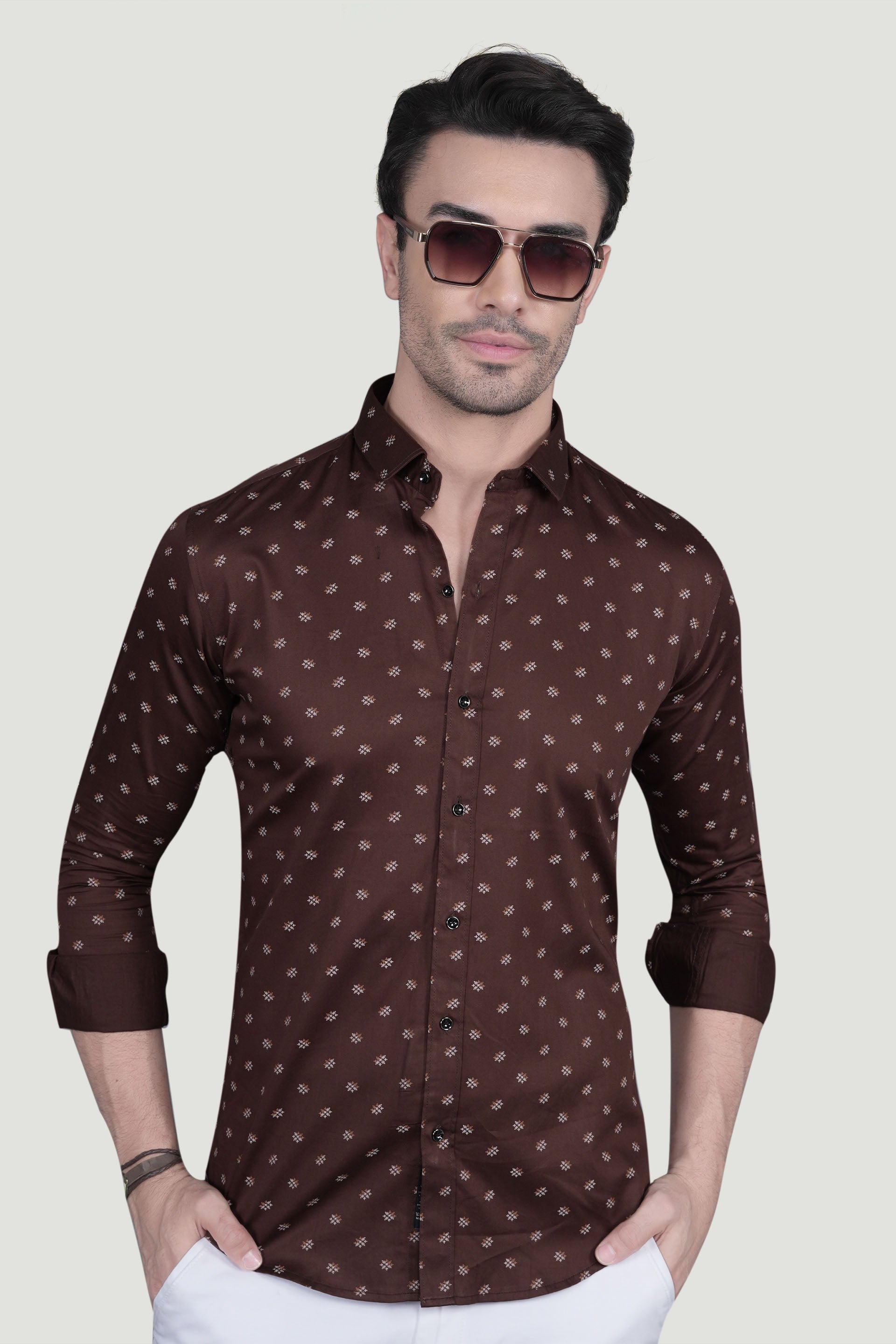Stefan Brown Cotton Printed Shirt