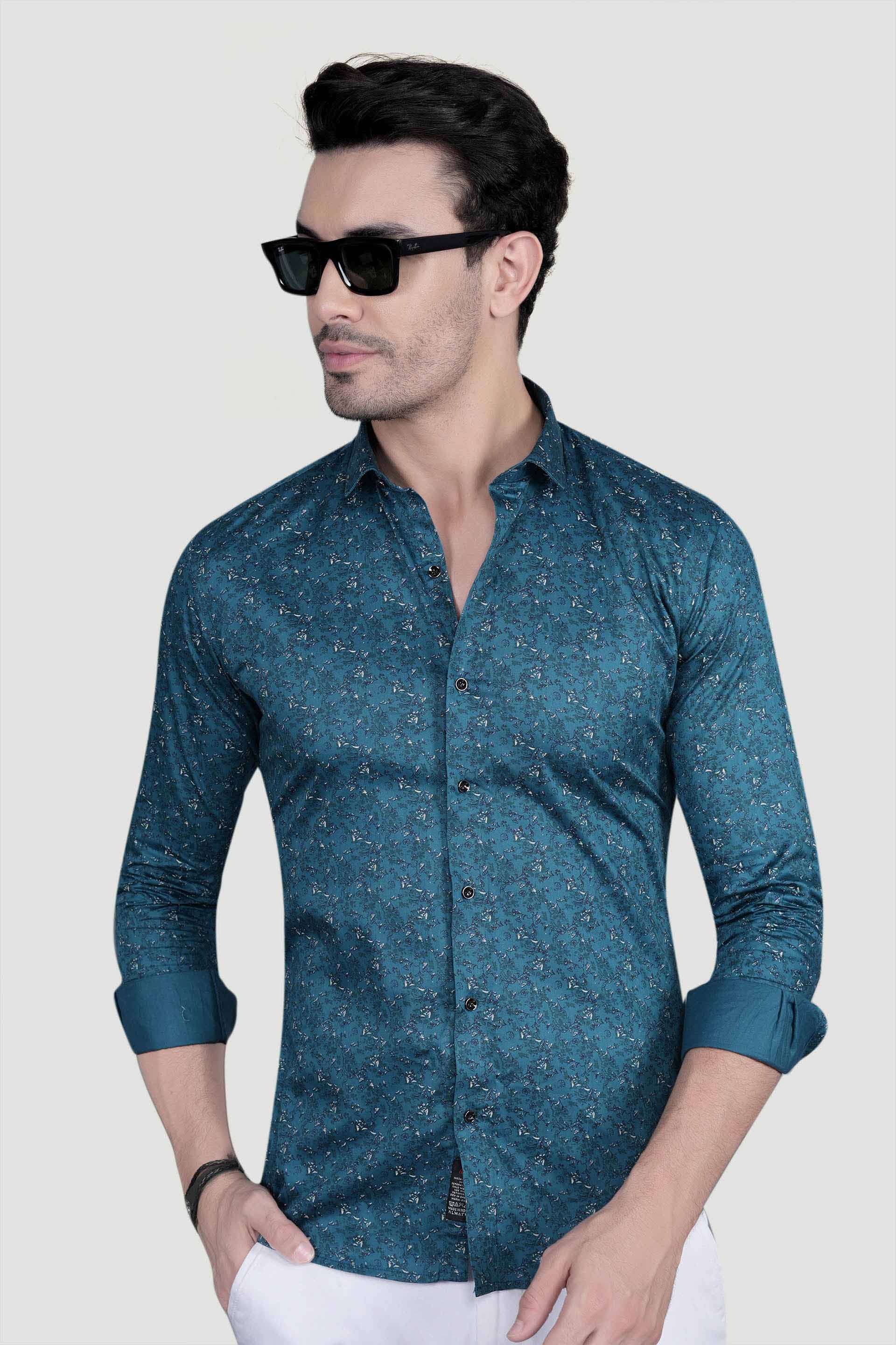 Ciaran Teal Blue Cotton Floral Printed Shirt