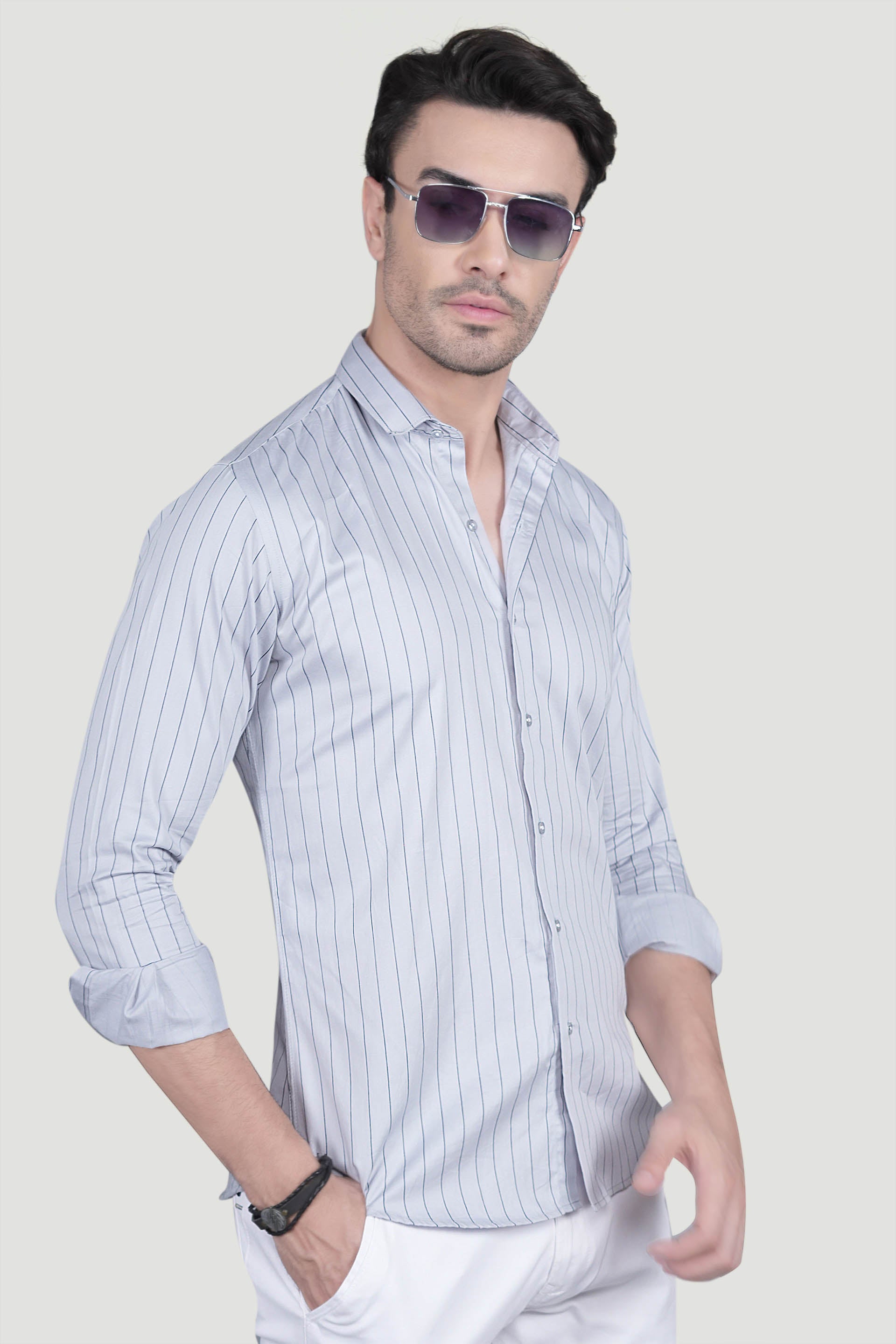 Noel Grey Cotton Striped Shirt