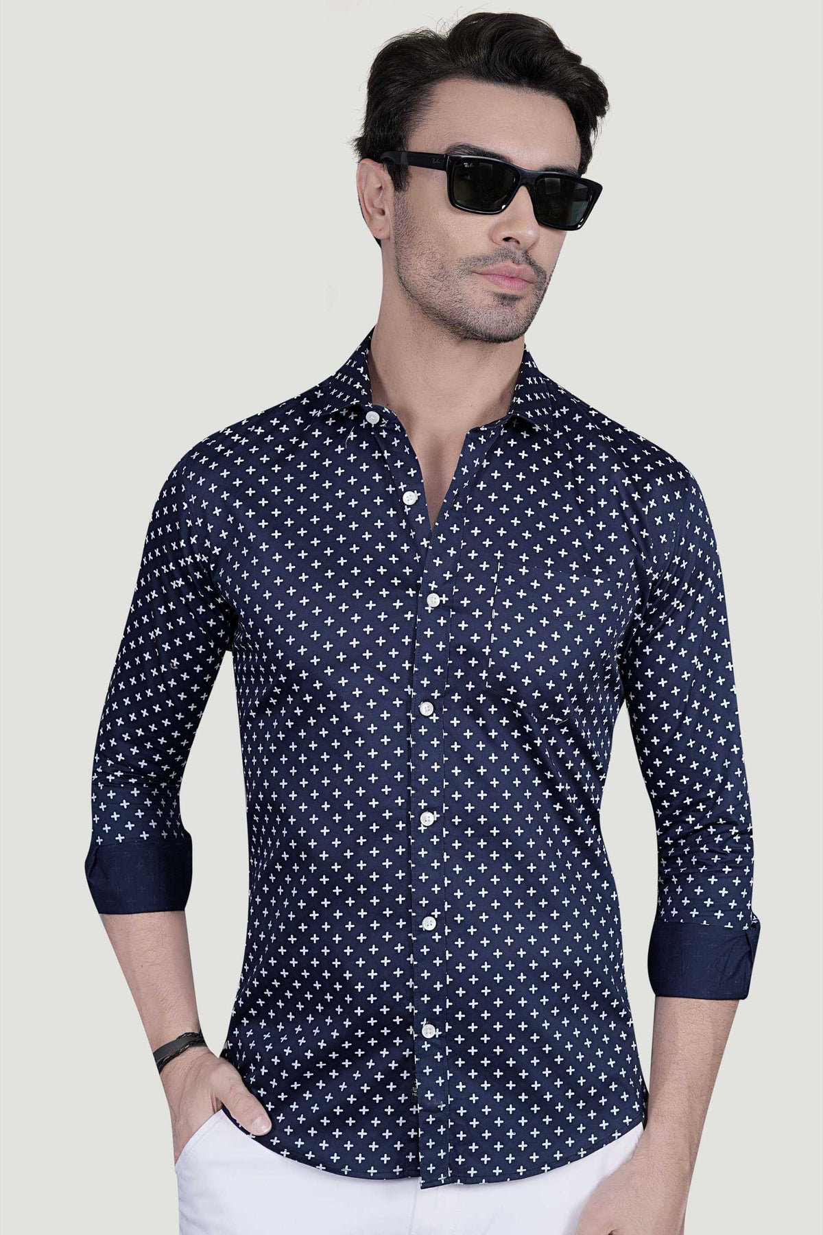 Platon Navy Blue Cotton Printed Shirt