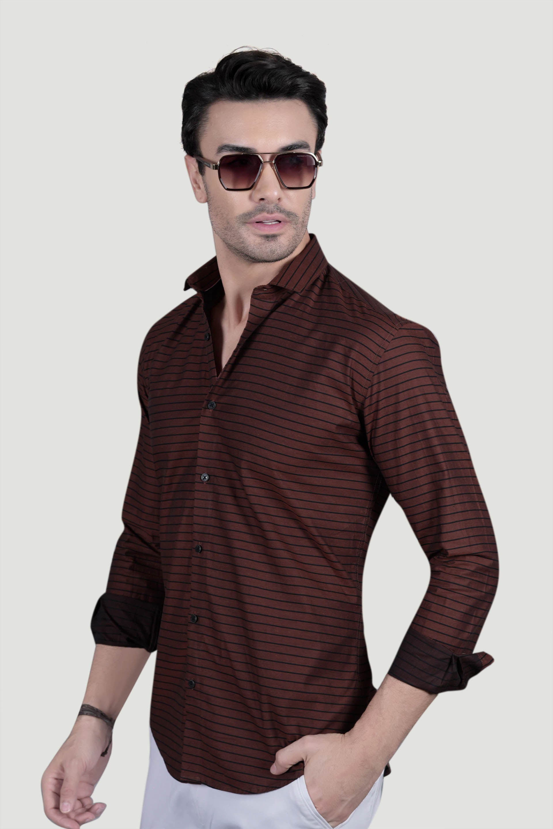 Kian Brown Cotton Striped Shirt