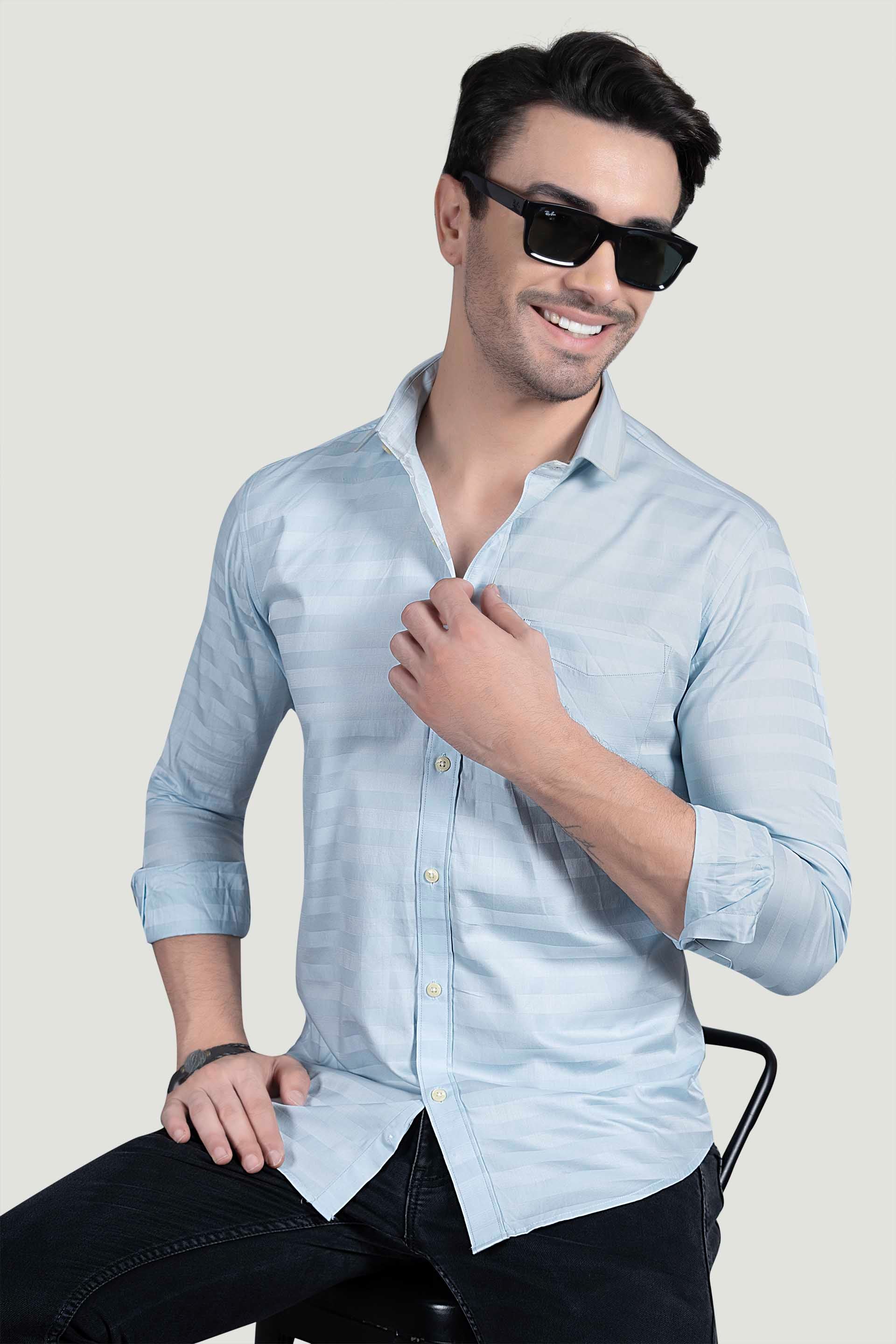 Alaric Light Blue Cotton Striped Shirt