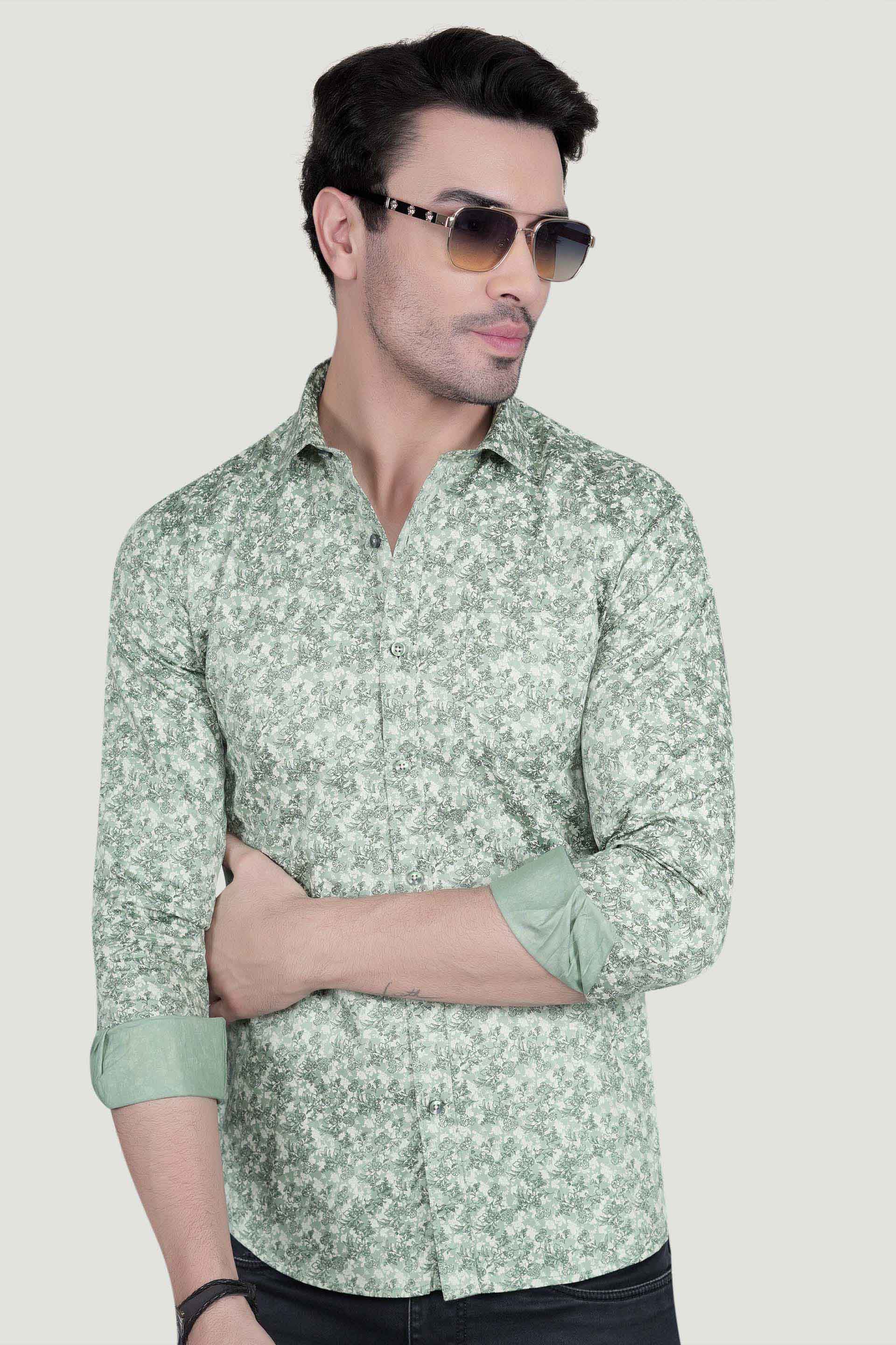 Nature Green Cotton Floral Printed Shirt