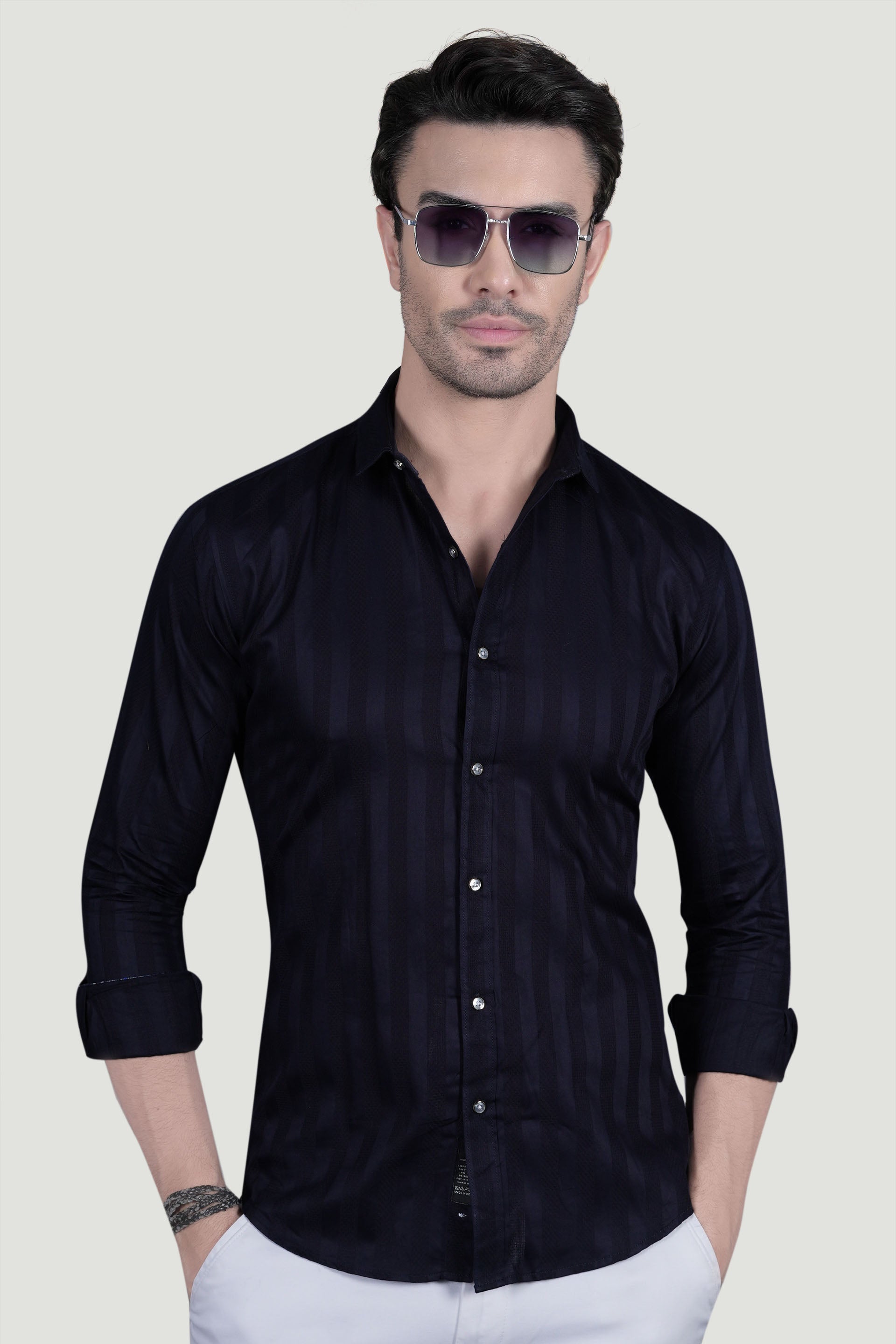 Bruno Navy Blue Cotton Striped Shirt
