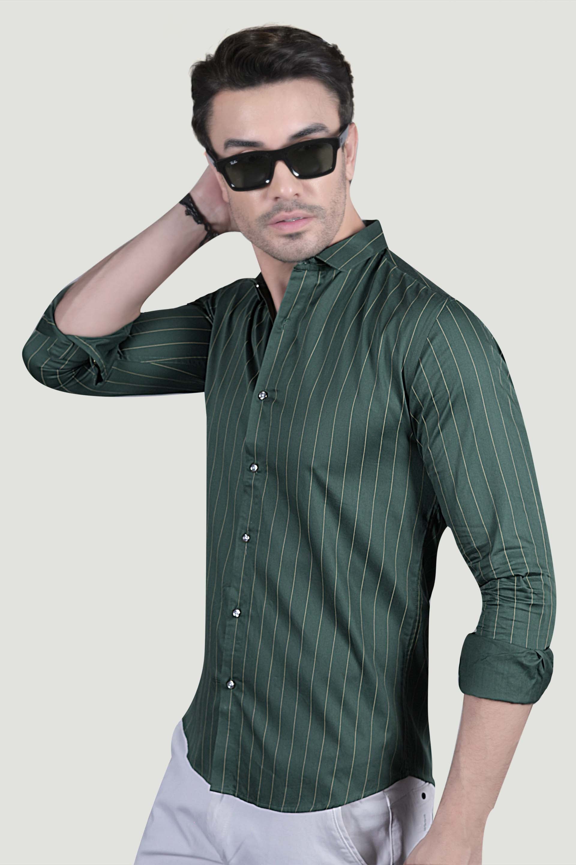 Henrik Green Cotton Striped Shirt