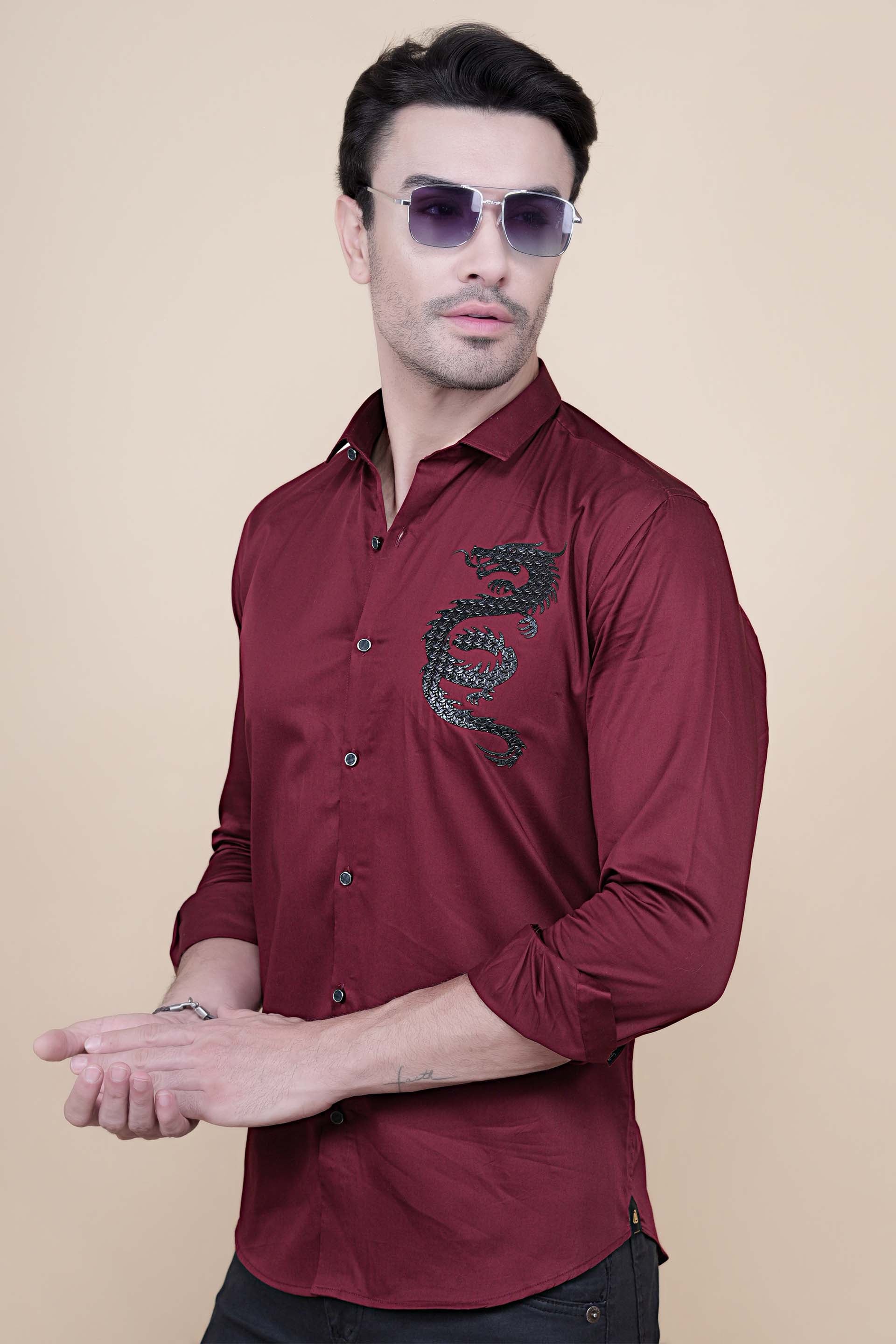Dragon Maroon Cotton Solid Shirt