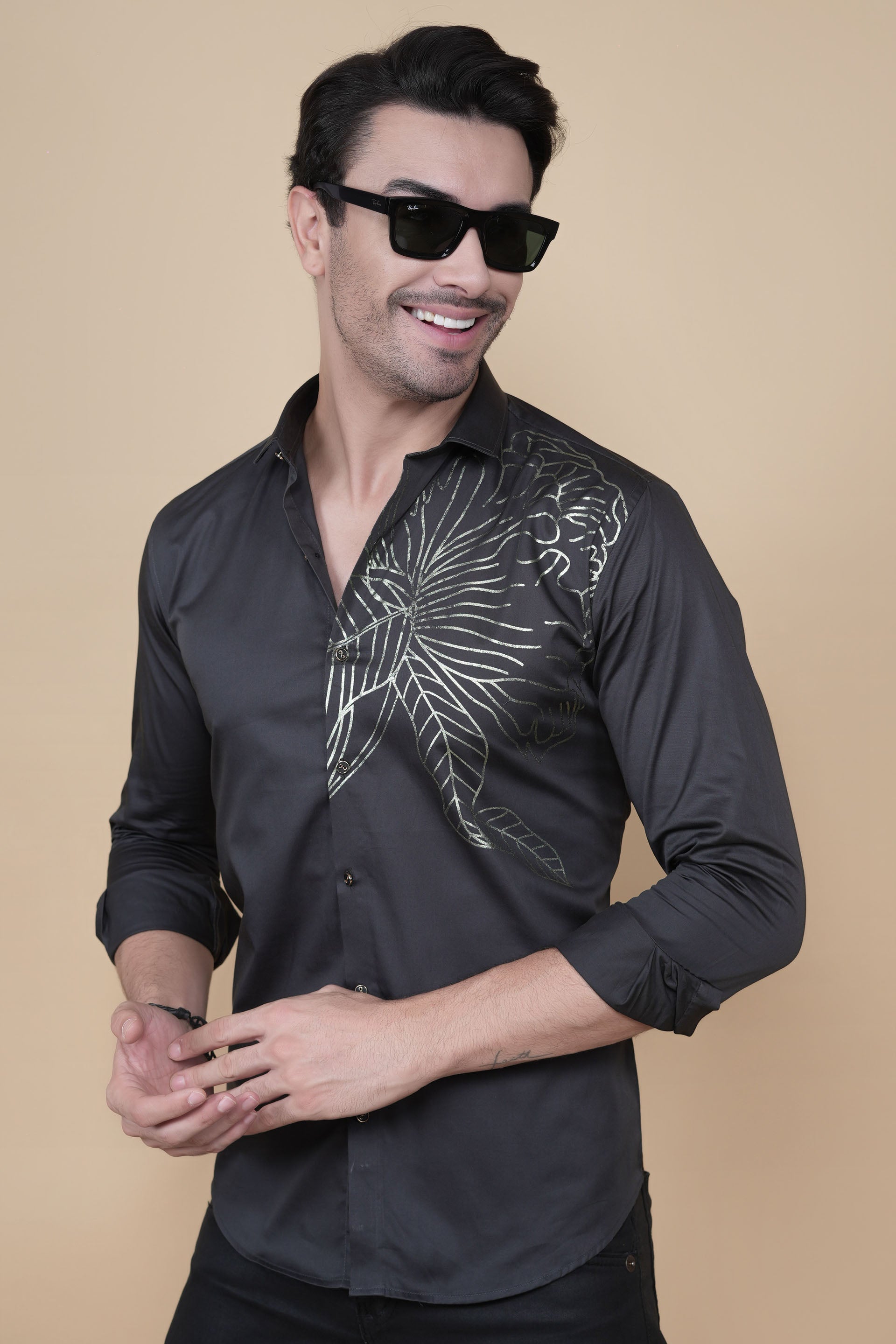 Carlos Black Cotton Flower Petals Solid Shirt