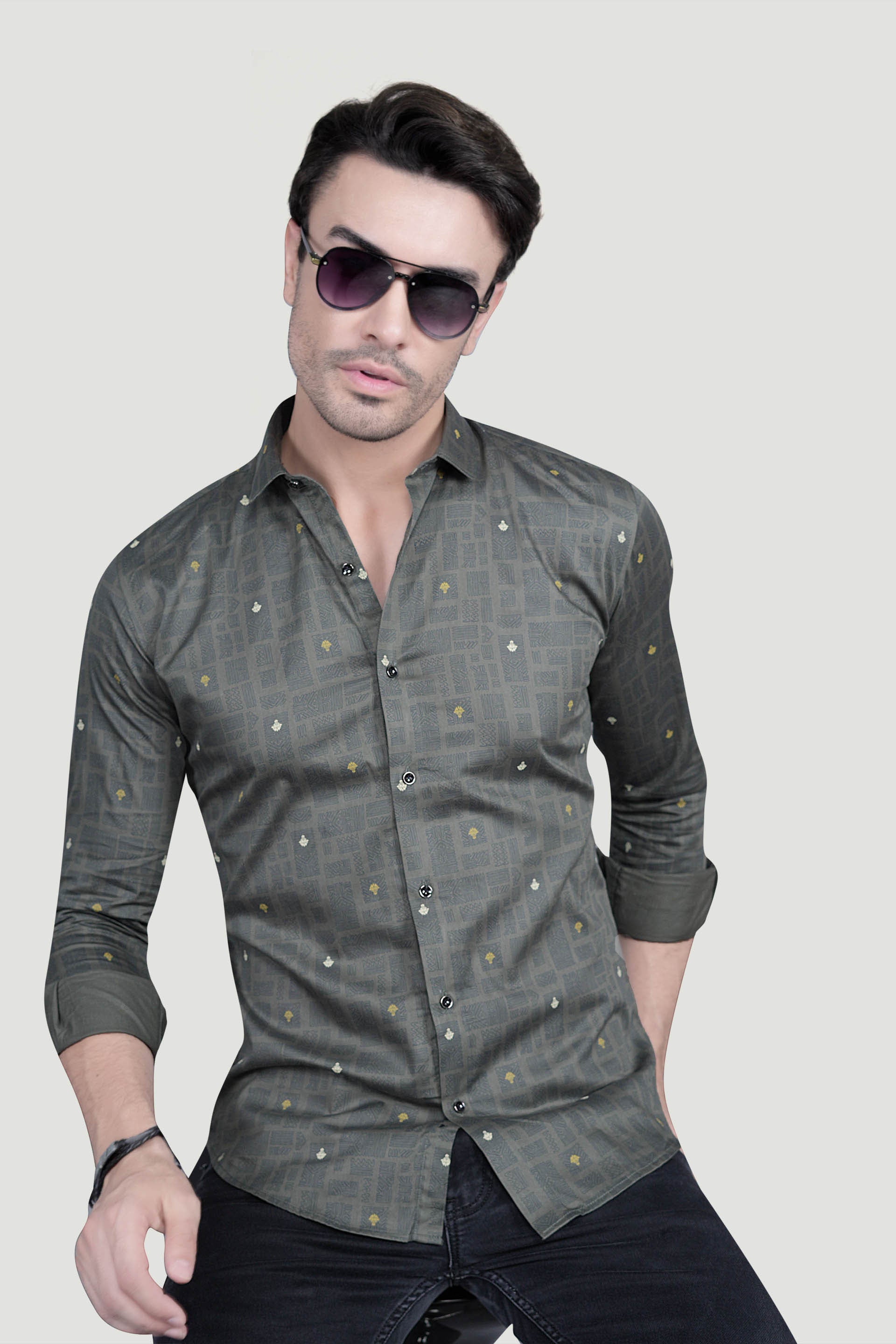 Leon Grey Cotton Printed Shirt