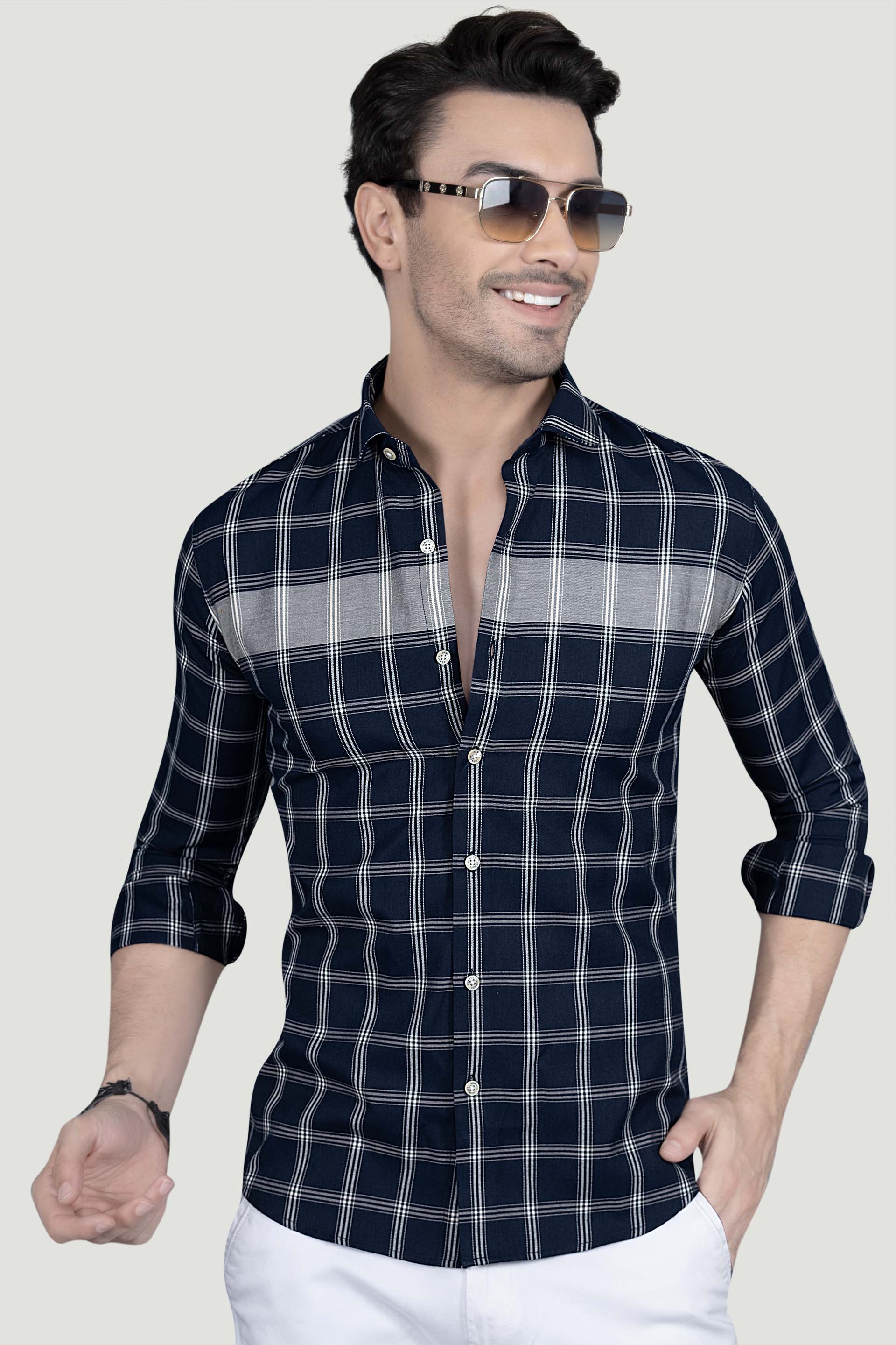 Nelson Navy Blue Cotton Checked Shirt