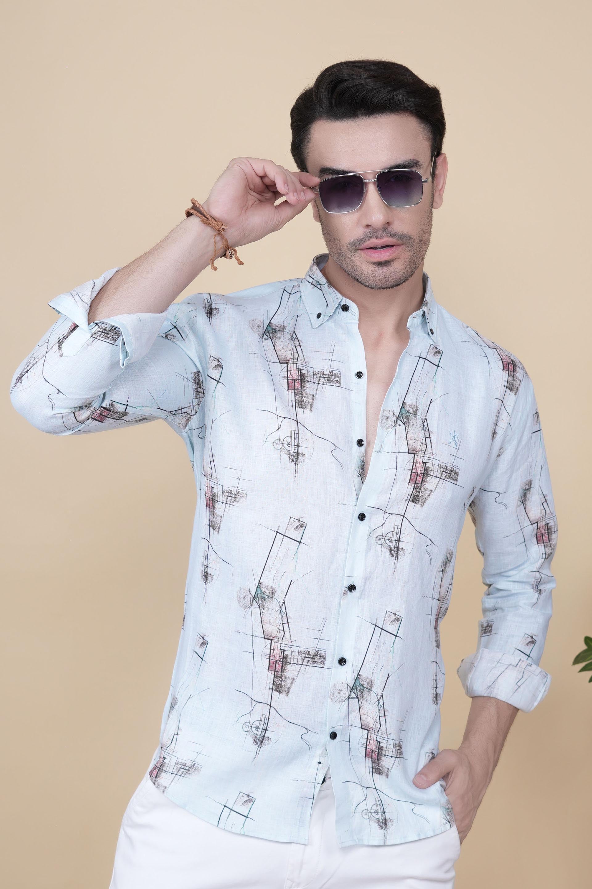 David Light Blue Linen Printed Shirt