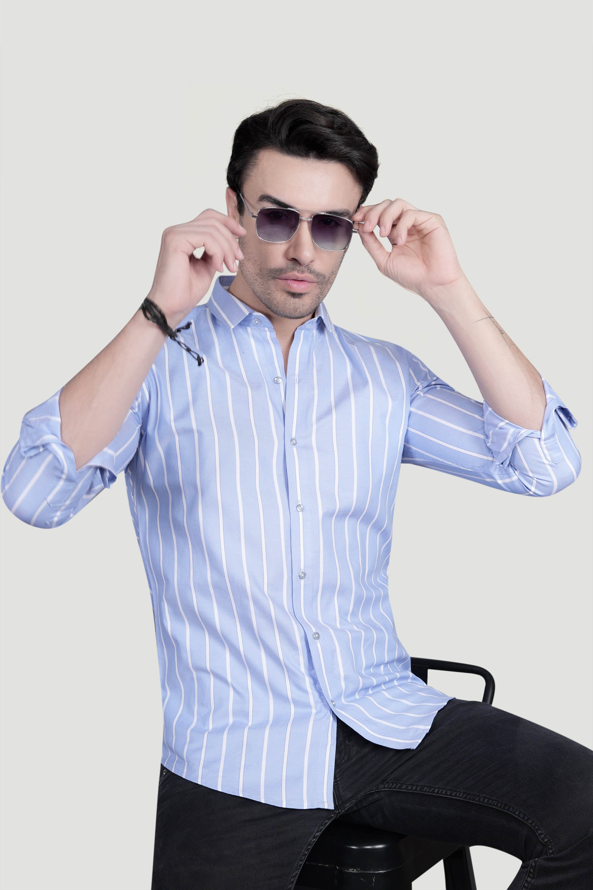 Aurel Light Blue Cotton Striped Shirt