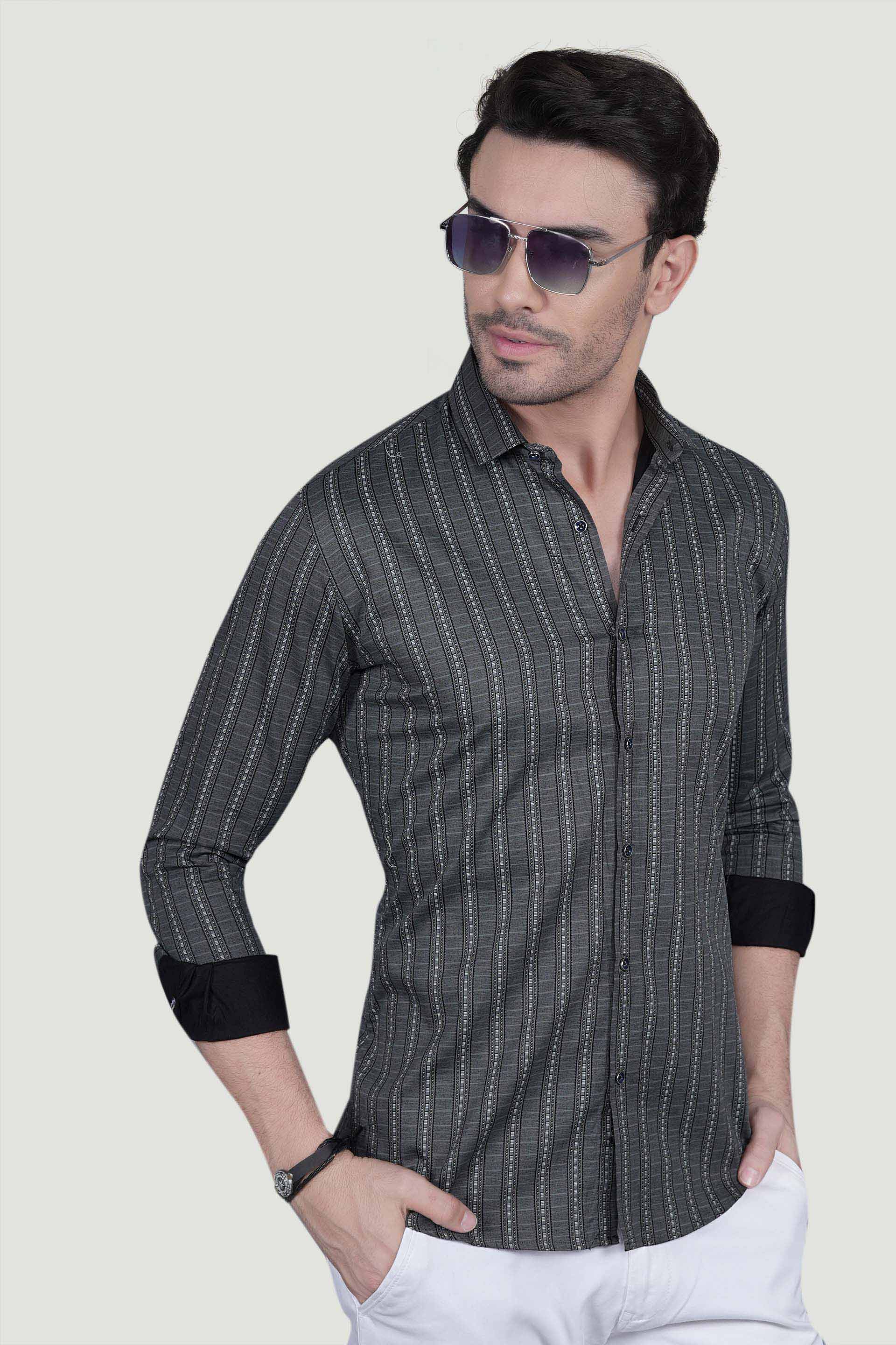 Marcello Grey Cotton Striped Shirt