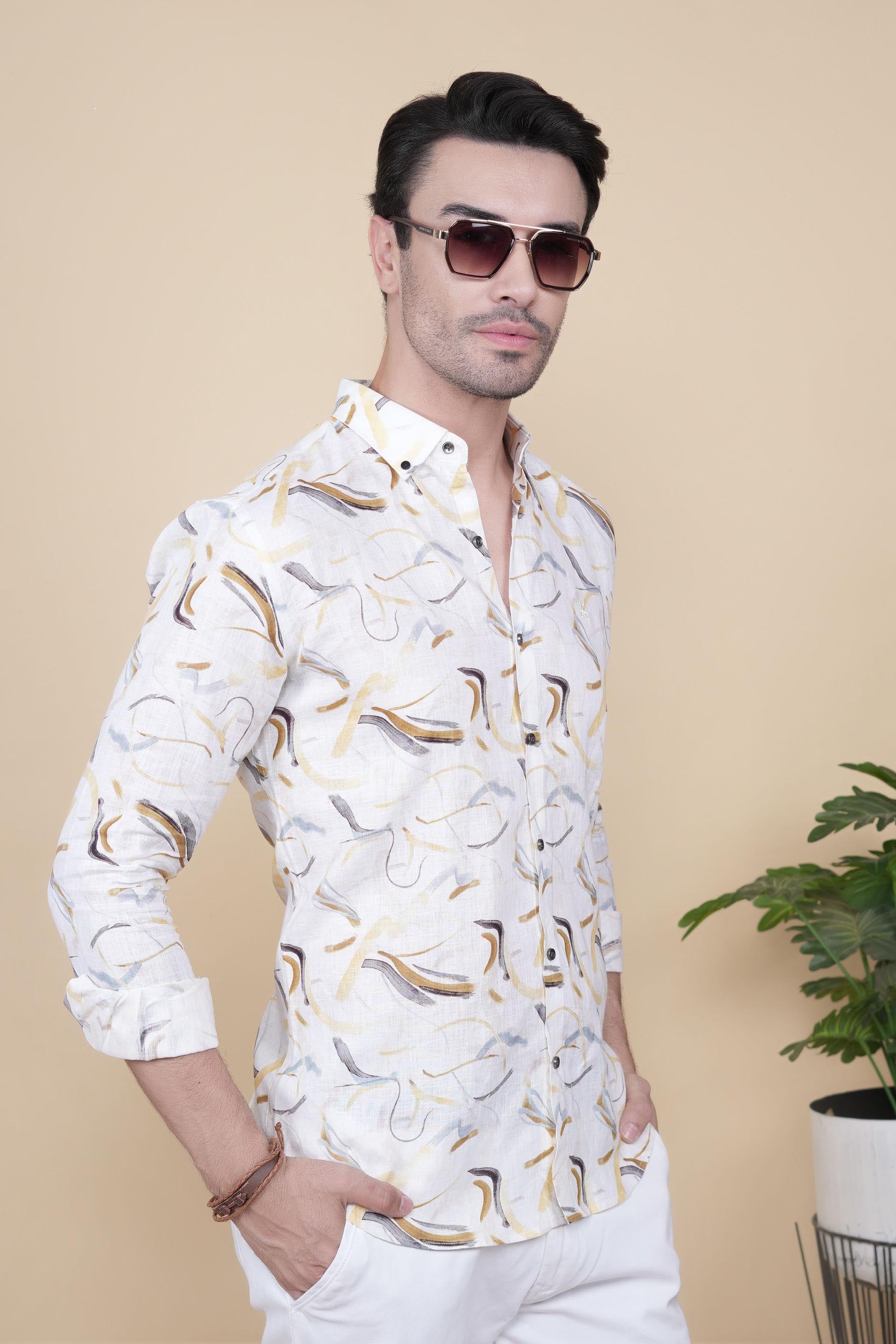 Odor White Linen Printed Shirt