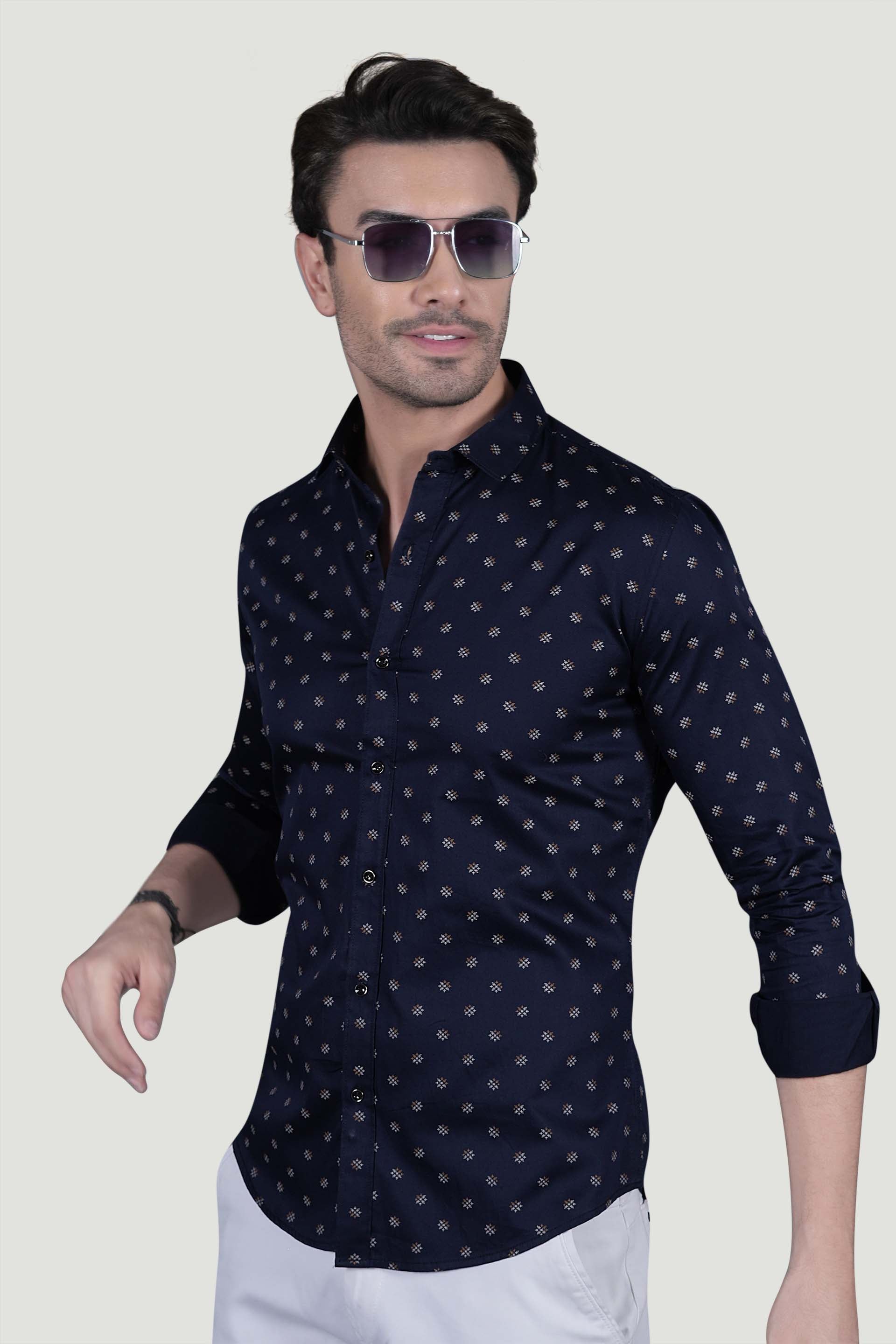 Fabio Navy Blue Cotton Printed Shirt