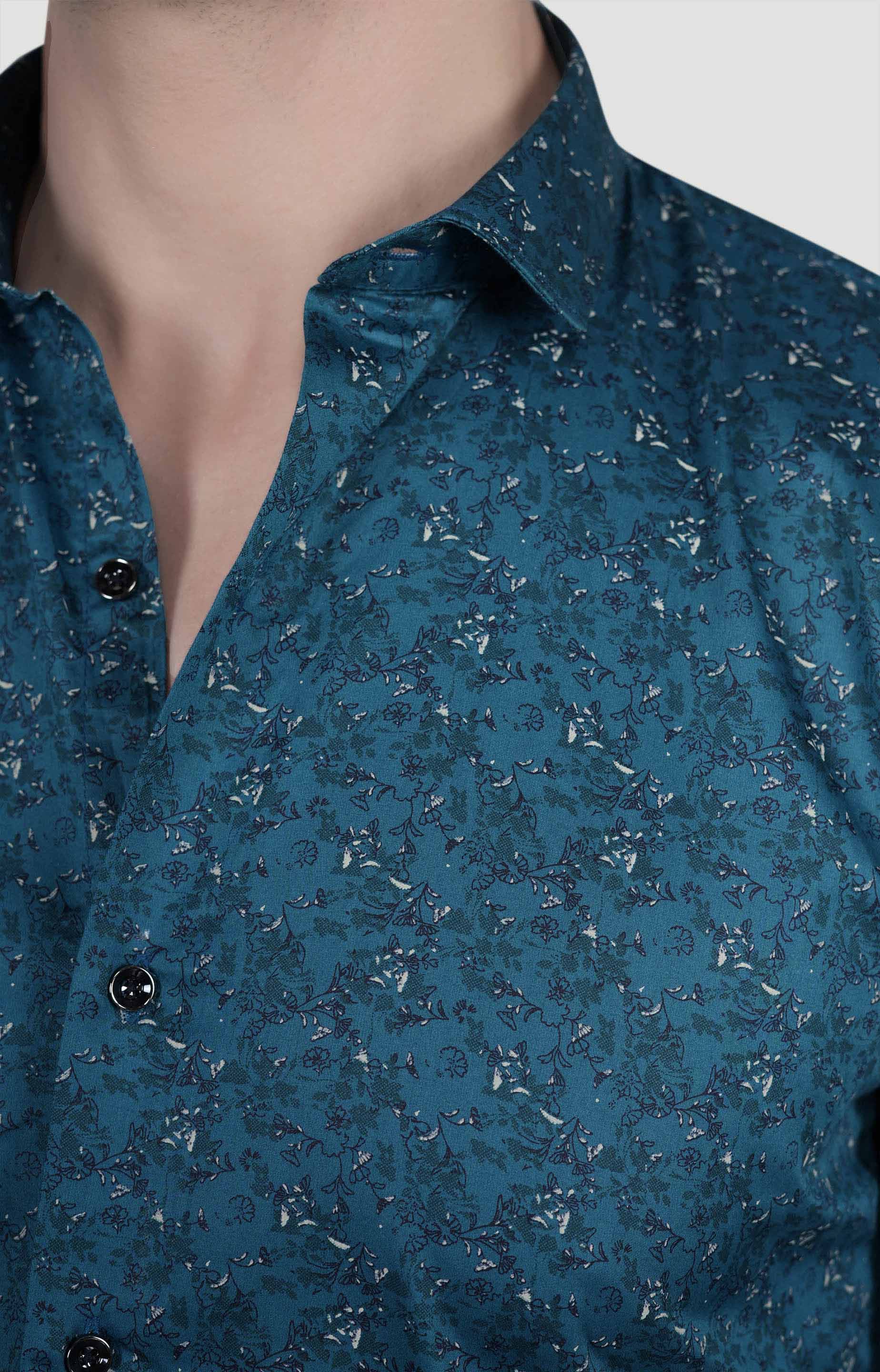 Ciaran Teal Blue Cotton Floral Printed Shirt