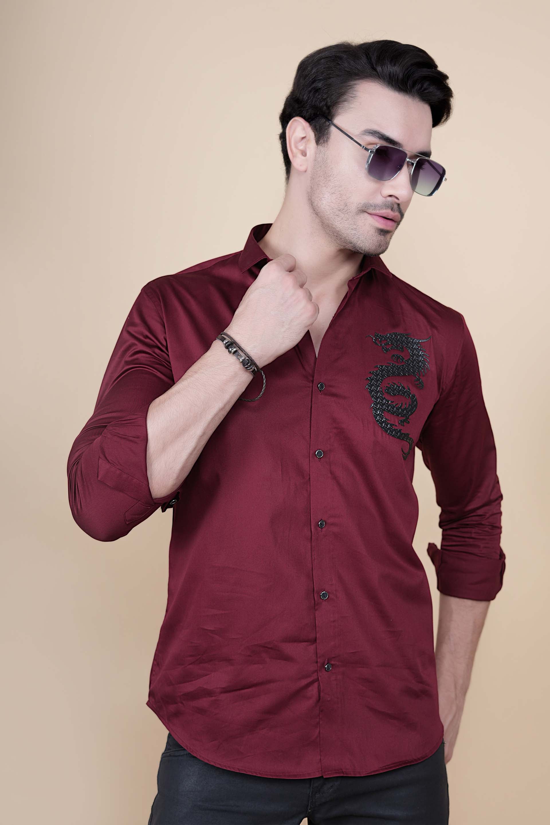Dragon Maroon Cotton Solid Shirt