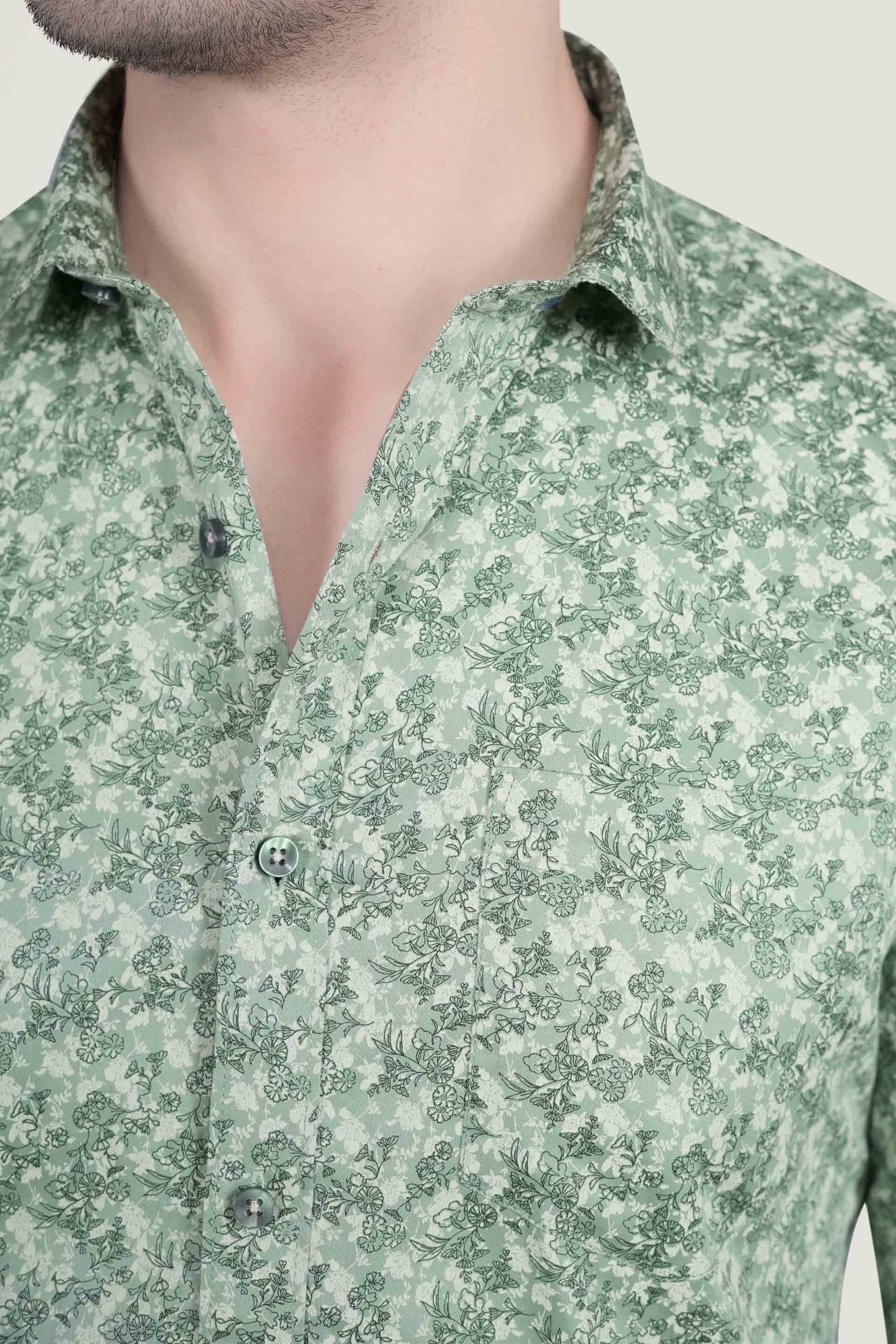 Nature Green Cotton Floral Printed Shirt