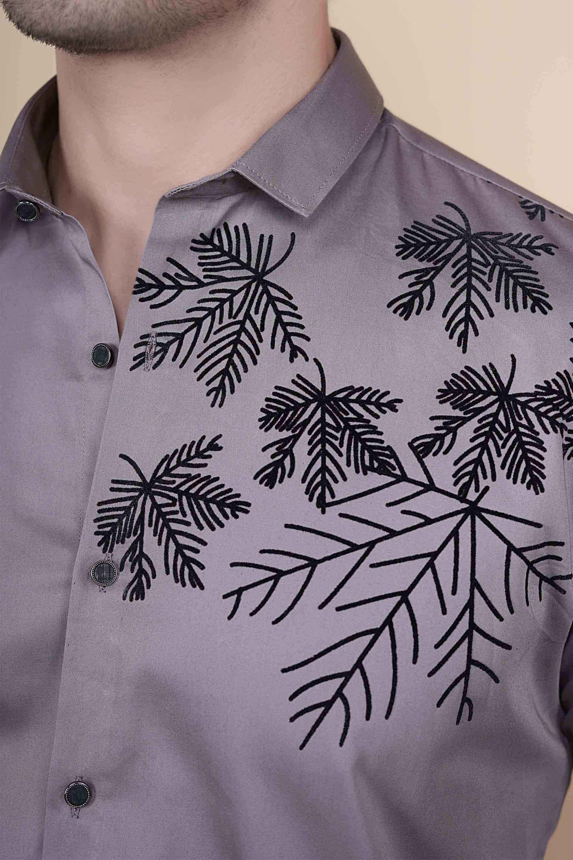 Dany Grey Cotton Solid Embroidery Shirt