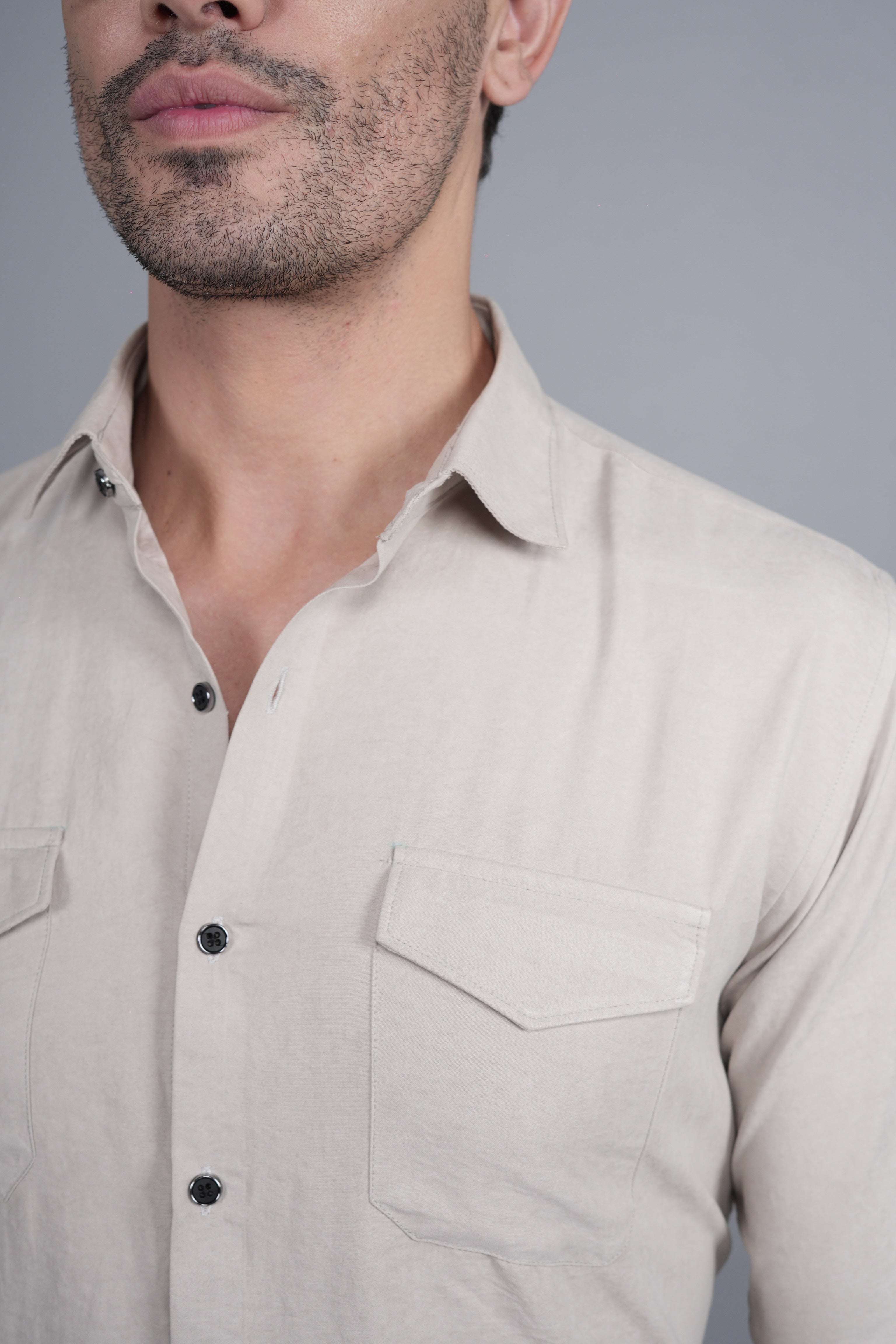 Abel Cream Suede Double Pocket Solid Shirt
