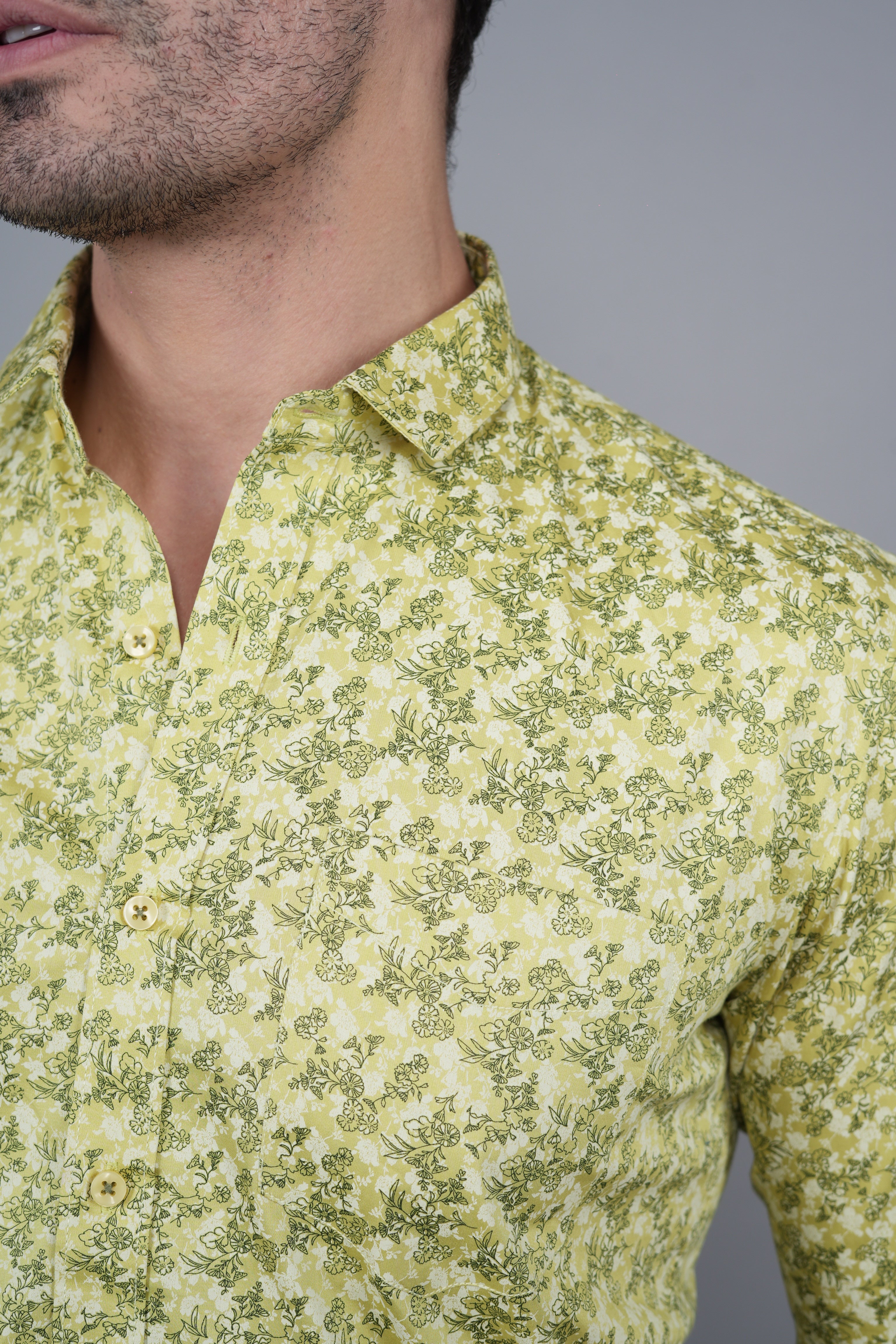 Oskar Yellow Cotton Floral Printed Shirt