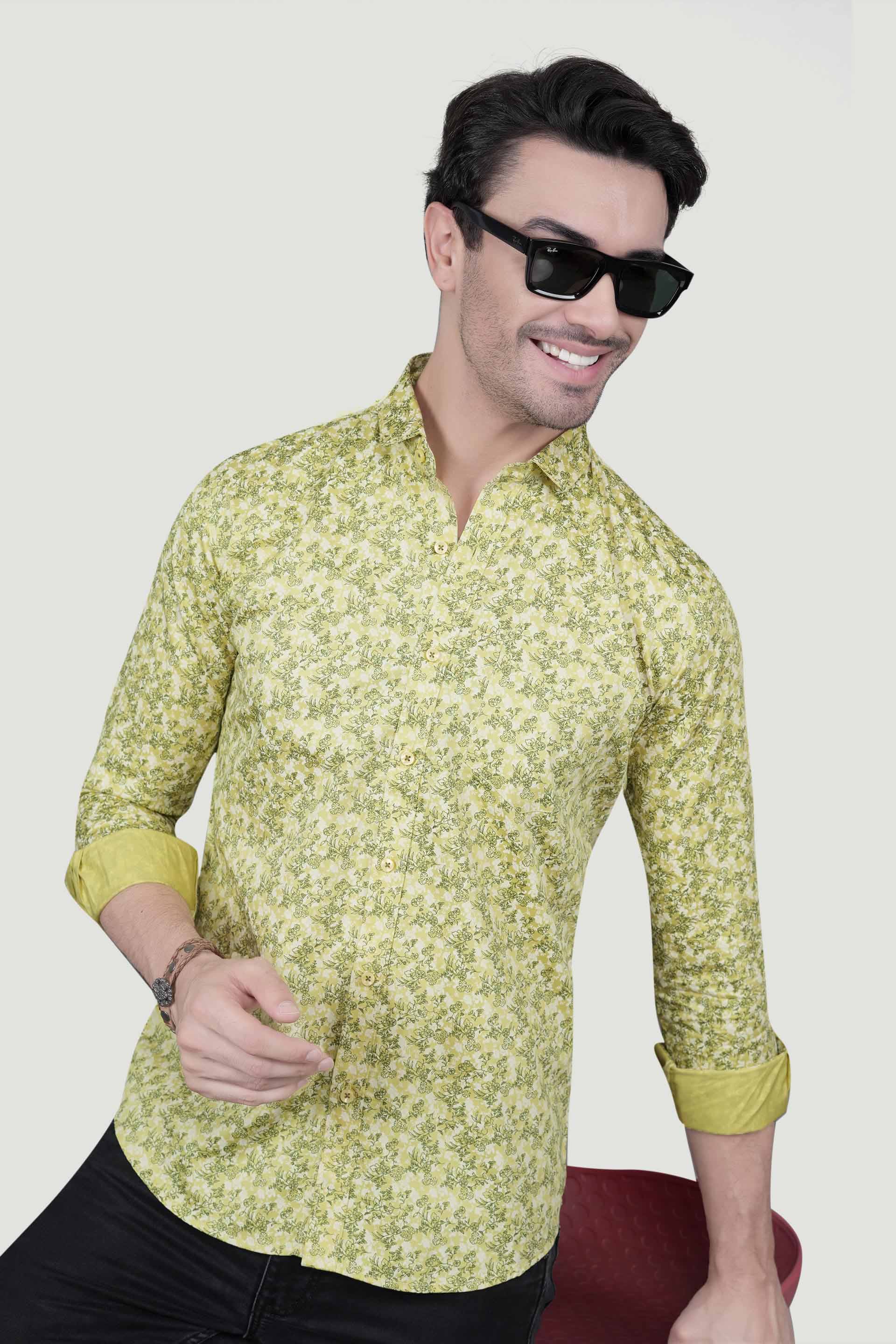 Oskar Yellow Cotton Floral Printed Shirt