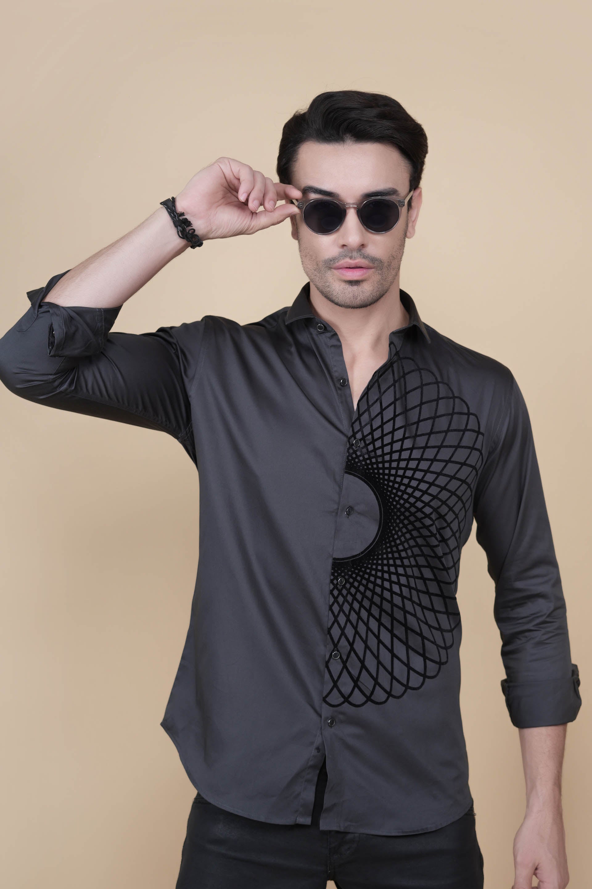 Matej Grey Cotton Solid Embroidery Shirt