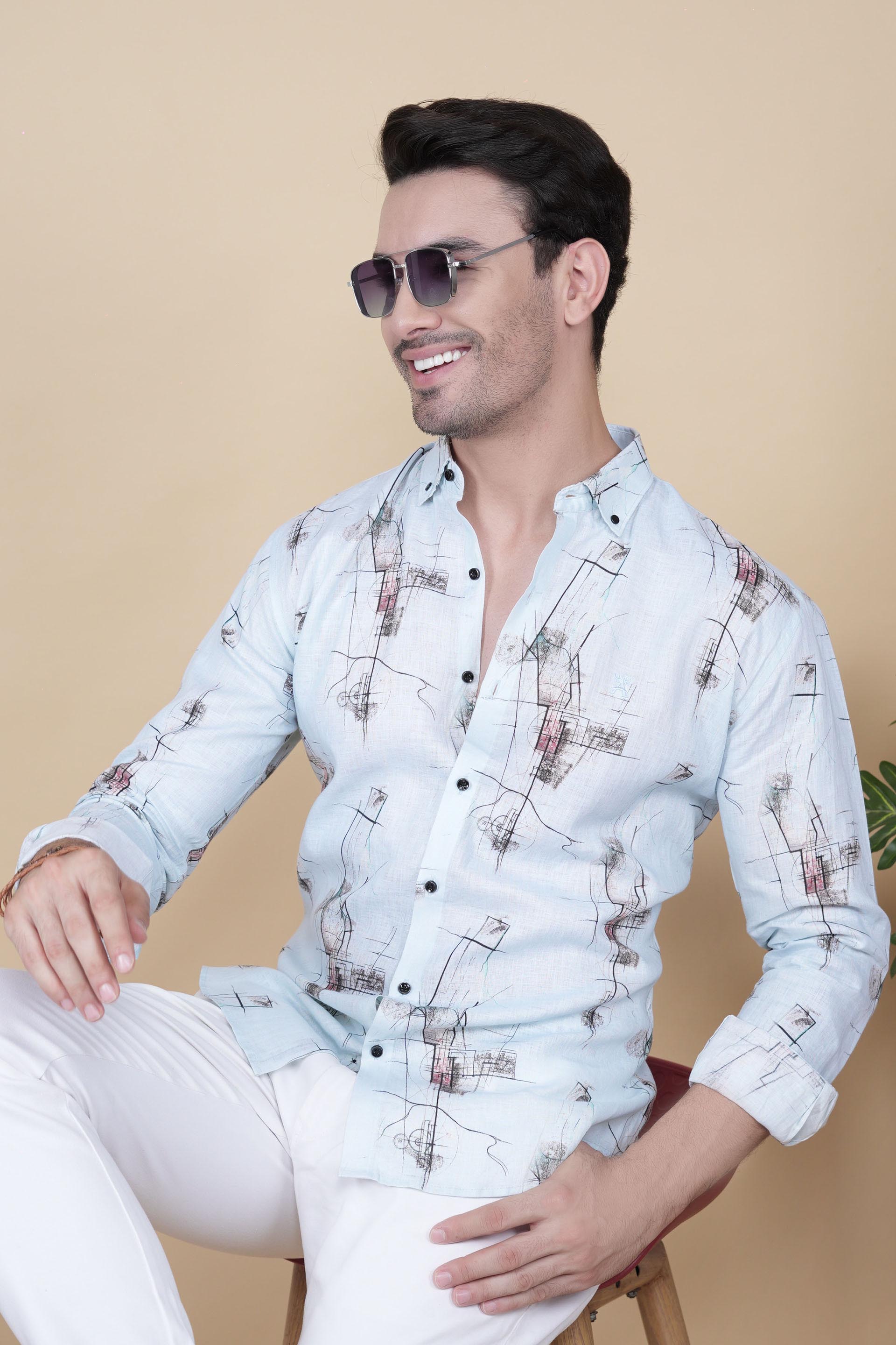 David Light Blue Linen Printed Shirt