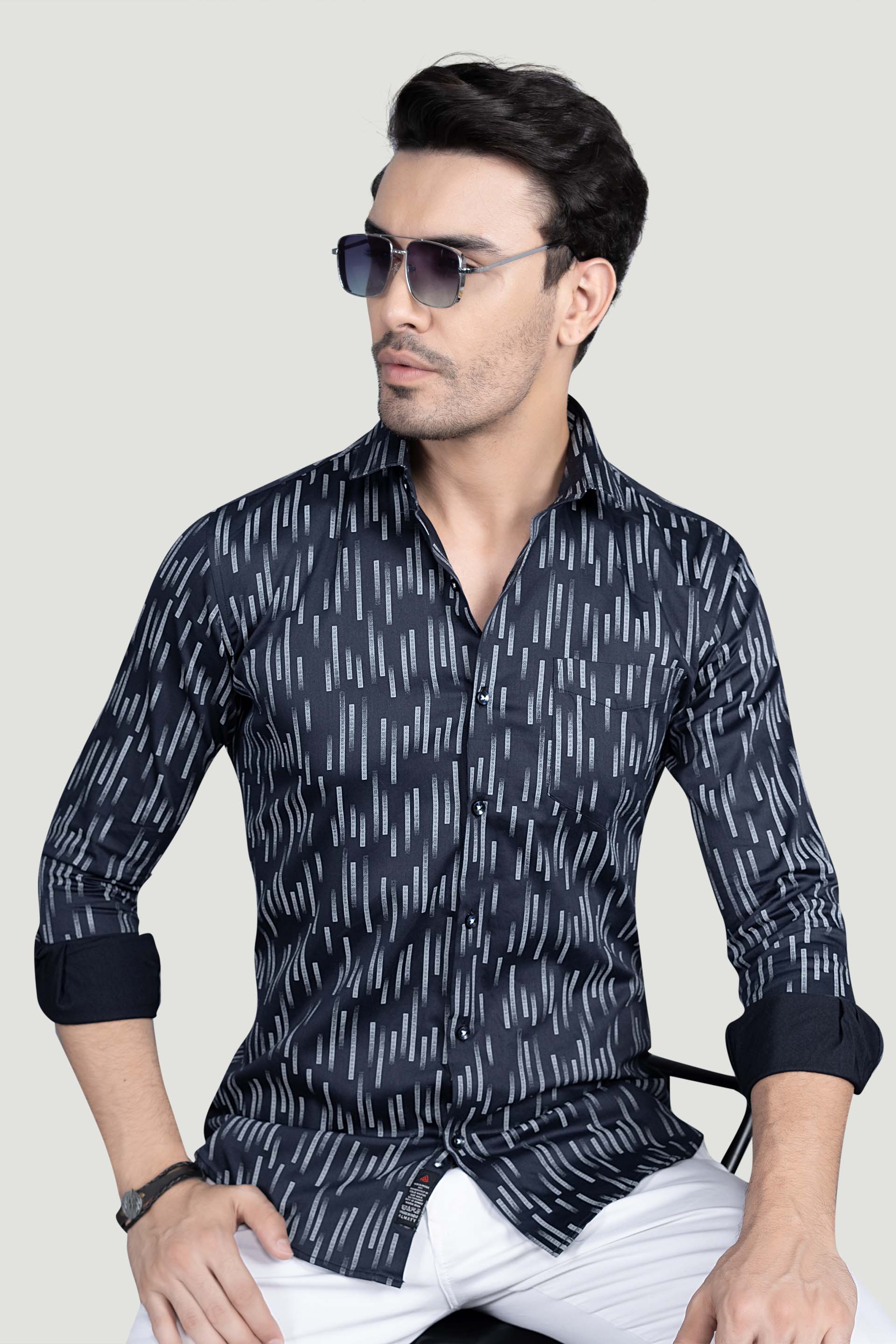 Gibson Navy Blue Cotton Printed Shirt